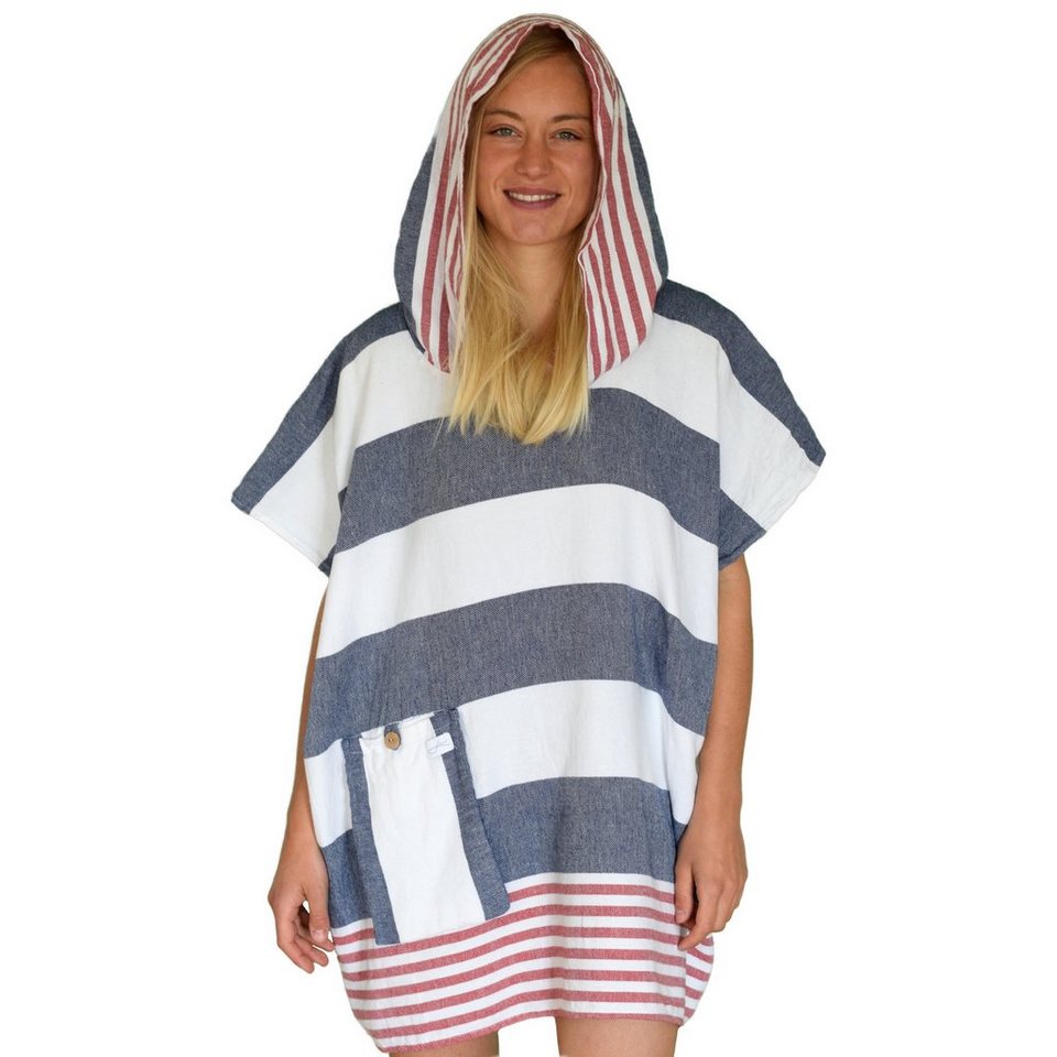 Lou-i Badeponcho Badeponcho bunt gestreift Made in Germany Surfponcho  (leicht & schnell trocken) - Badeumhang, Kapuze, mit Kapuze und Tasche