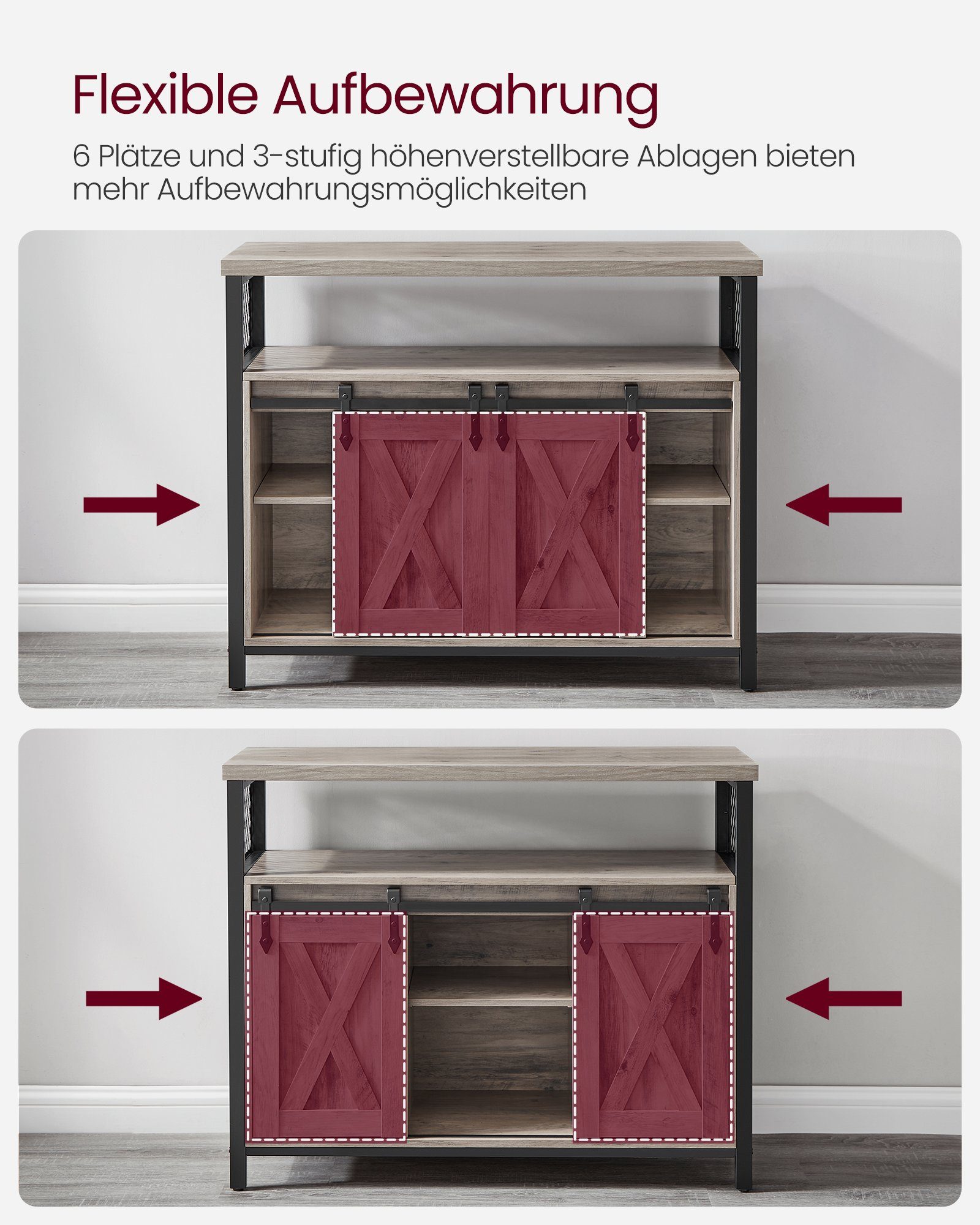 VASAGLE Sideboard Küchenschrank, mit 2 Ablagen Schiebetüren, verstellbare Greige-schwarz