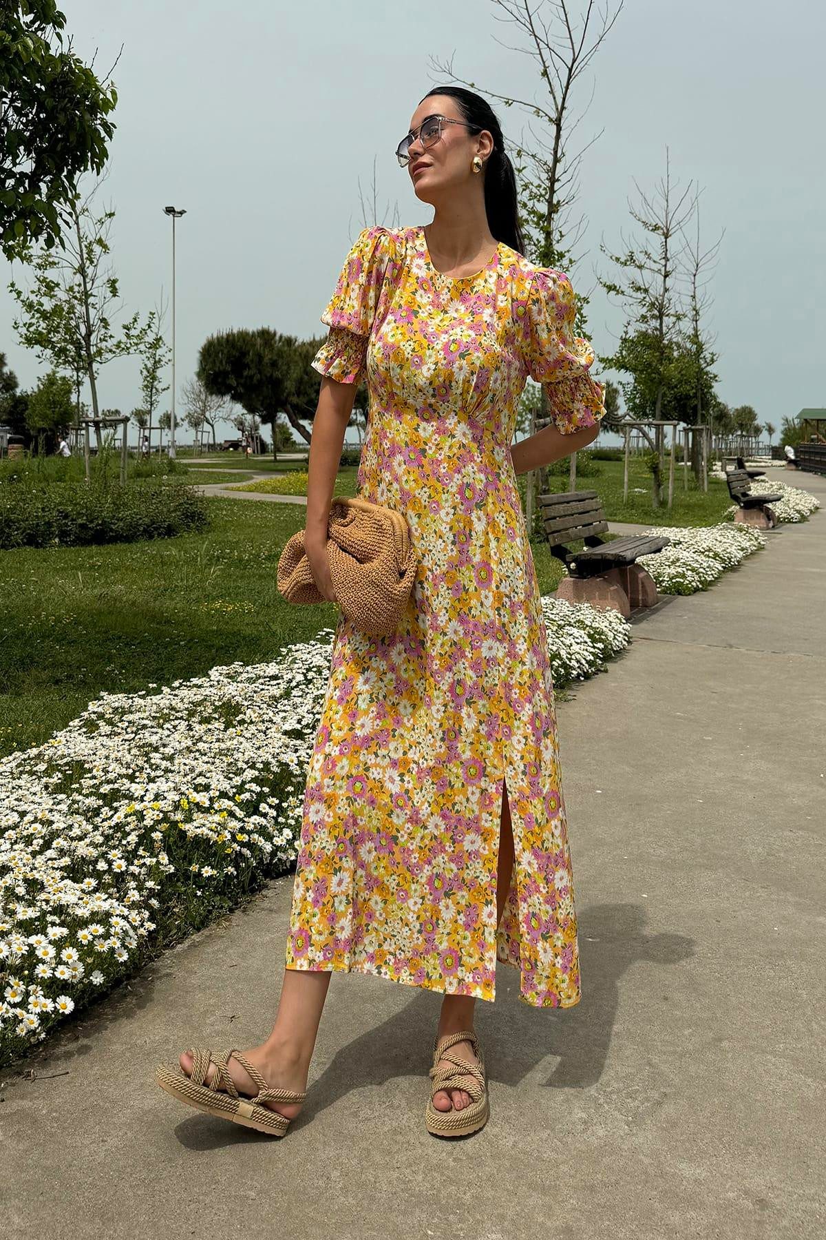For You Moda Midikleid Natürliche Viskose Split-Ärmel Langes Gelbes Kleid