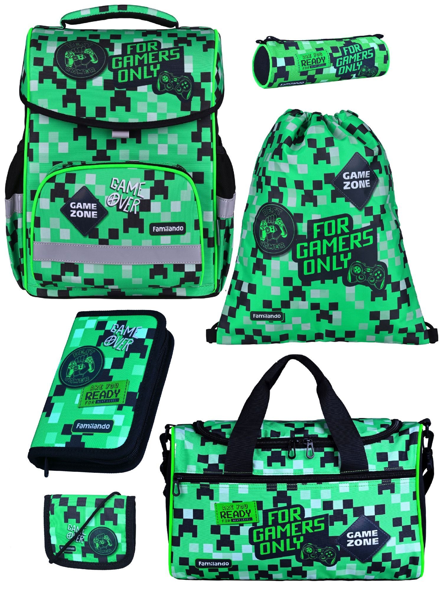 Familando Schulranzen Basic Plus 1.-4. Klasse ergonomisch, leicht, Volumen 15 Liter (Set, 6-tlg., inkl. Federmäppchen und Sporttasche), Gamer Pixel Playworld Motiv