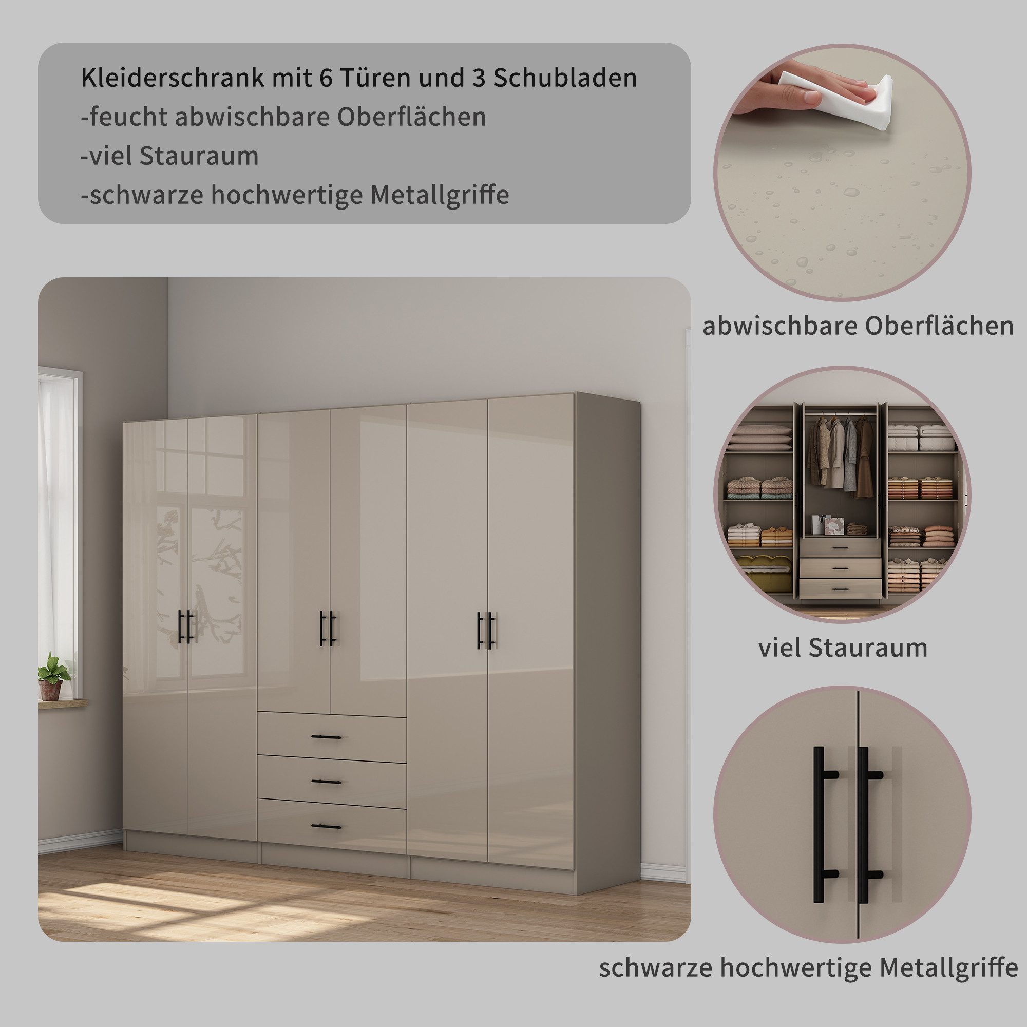 OTTO home Kleiderschrank Trento Schlafzimmerschrank Garderobe hochglanz (in 2 unterschiedlichen Schrankhöhen wählbar) Schrank mit 6 Türen und 3 Schubladen, hochglanz Fronten, Höhe 2,00m