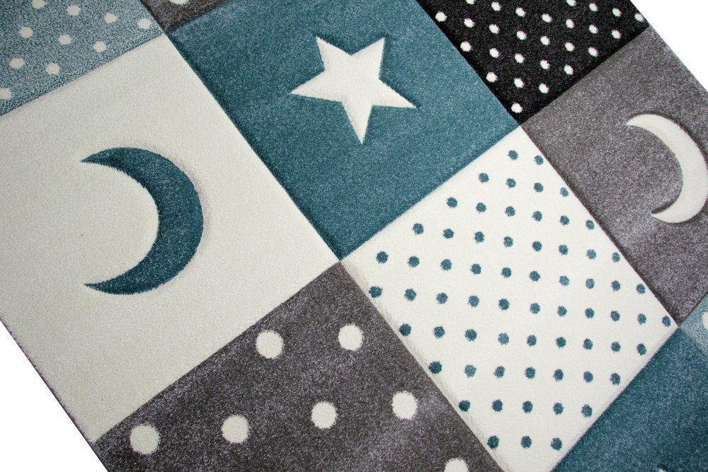 Carpetia Kinderteppich Kinderteppich Spielteppich Junge Stern Mond in blau hellblau türkis, rechteckig, Höhe: 13 mm