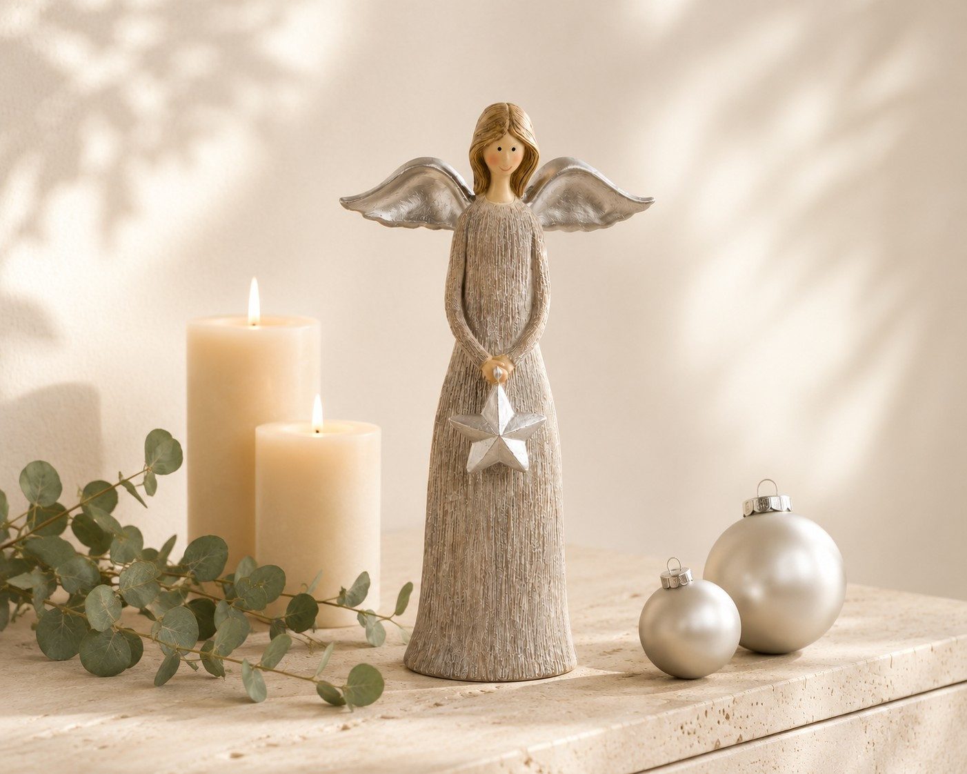 Kunstgewerbe Gehlmann Engelfigur Engel mit Stern Polyresin 25 cm Silber Weihnachtsfigur Dekofigur