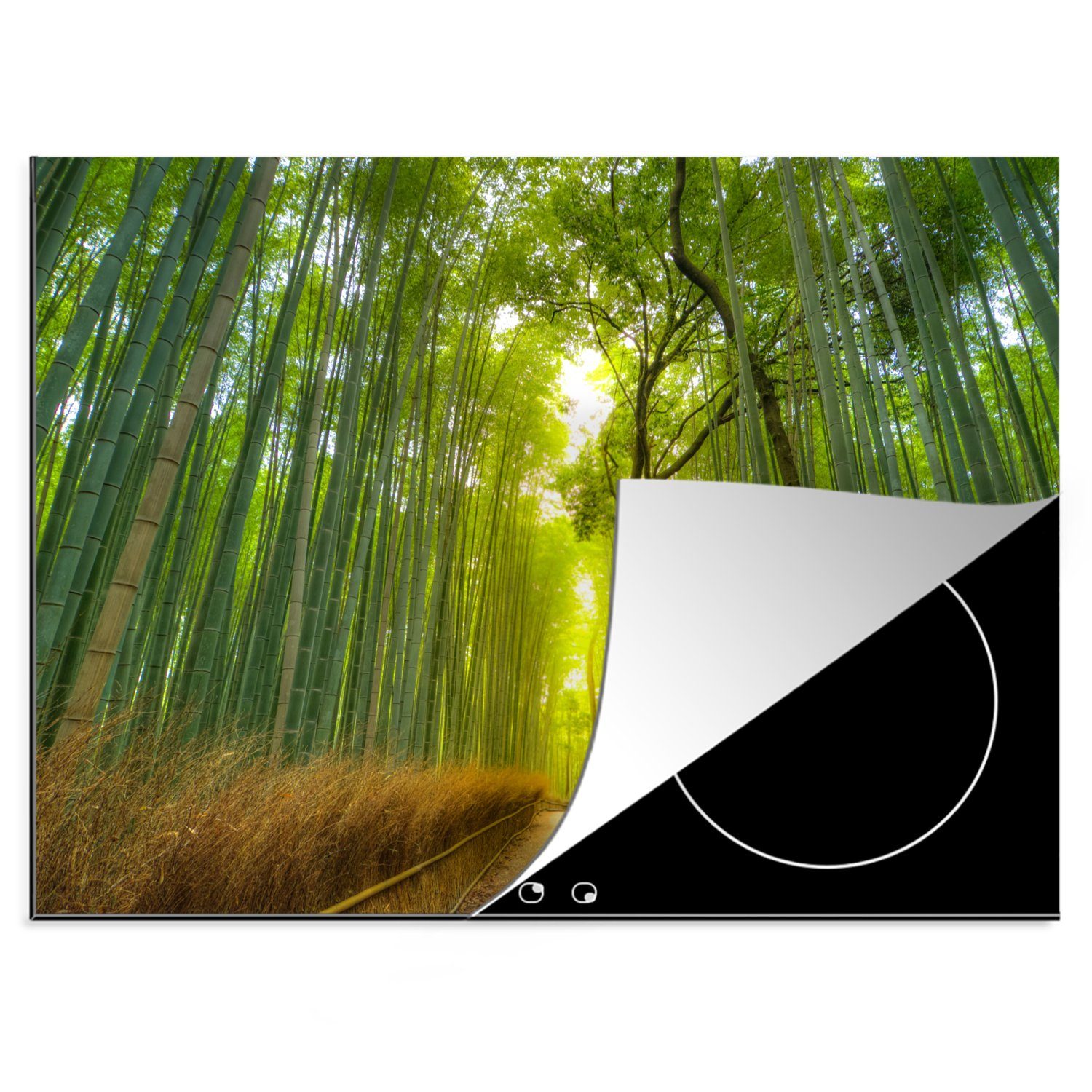 MuchoWow Herdblende-/Abdeckplatte Pfad im Arashiyama-Bambuswald in Japan, Vinyl, (1 tlg), 70x52 cm, Mobile Arbeitsfläche nutzbar, Ceranfeldabdeckung | Herdabdeckplatten