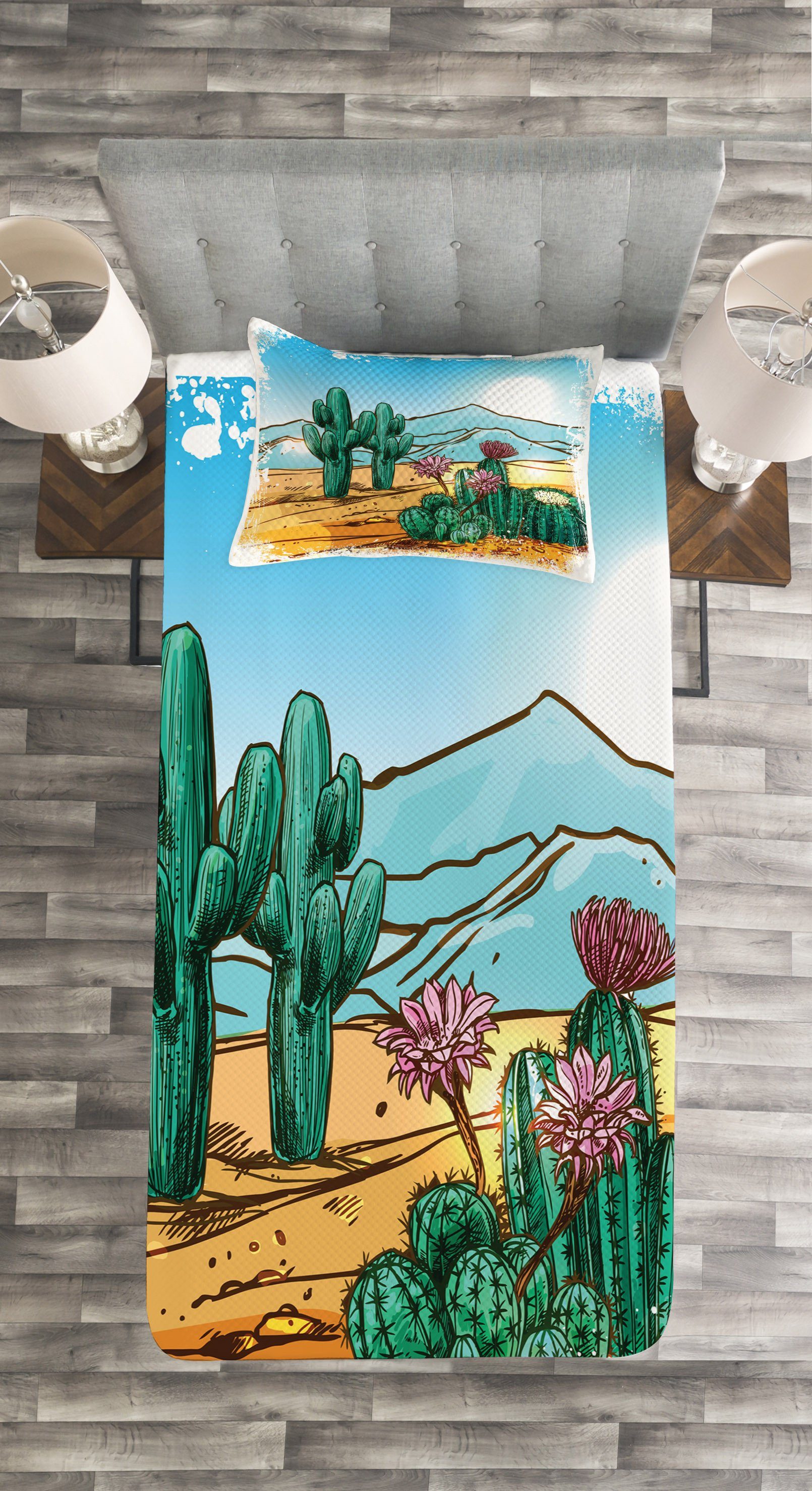 Tagesdecke Set mit Kissenbezügen Cartoon Kaktus Abakuhaus, Waschbar, Vektor-Design