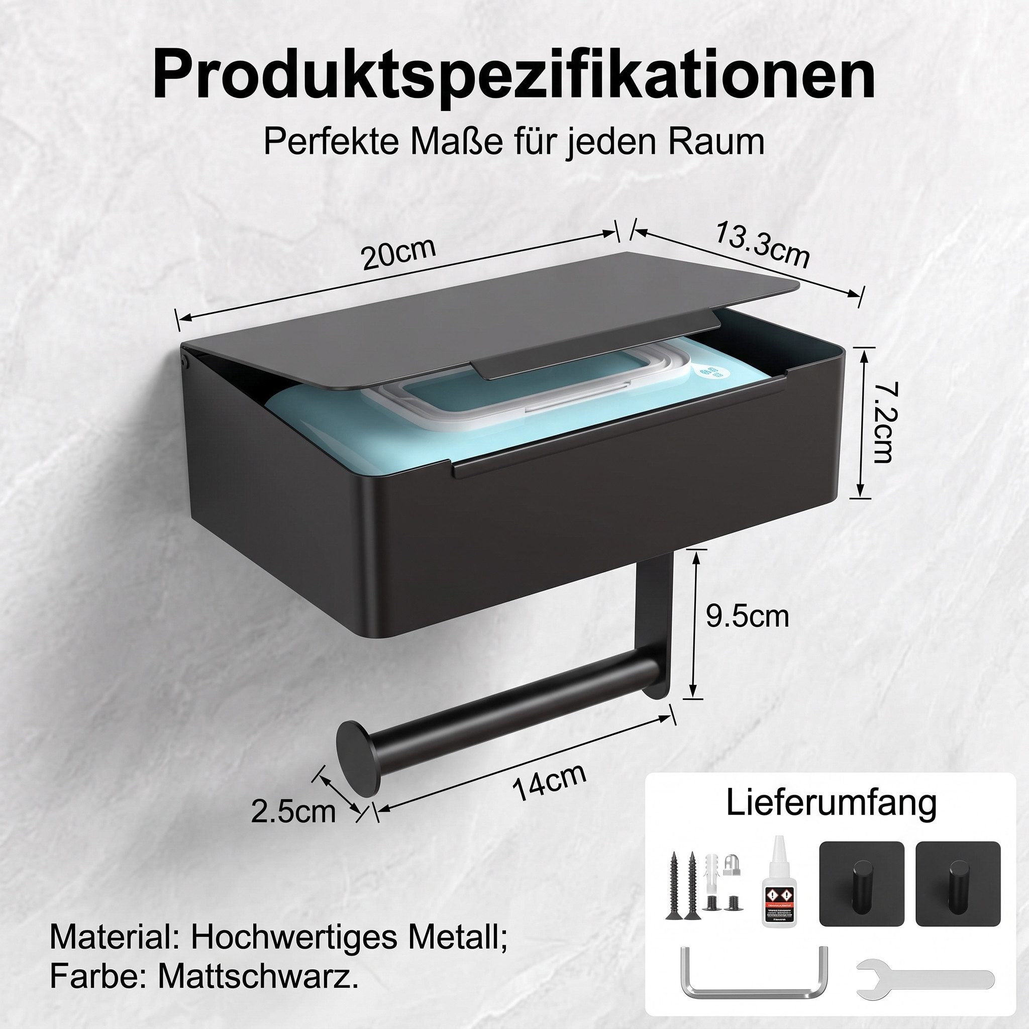 SURFOU Toilettenpapierhalter WC Papierhalter ohne Bohren schwarz 3in1 mit Ablage & Feuchttuchbox – Bild 3 von 5