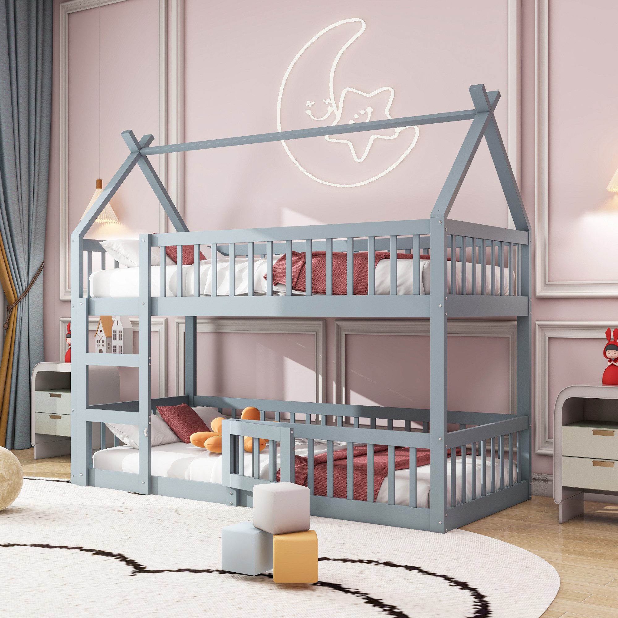 OKWISH Etagenbett Gästebett, Kinderbett mit Treppe, Loft Design (Etagenbett-Rahmen 90x200 cm), ohne Matratze