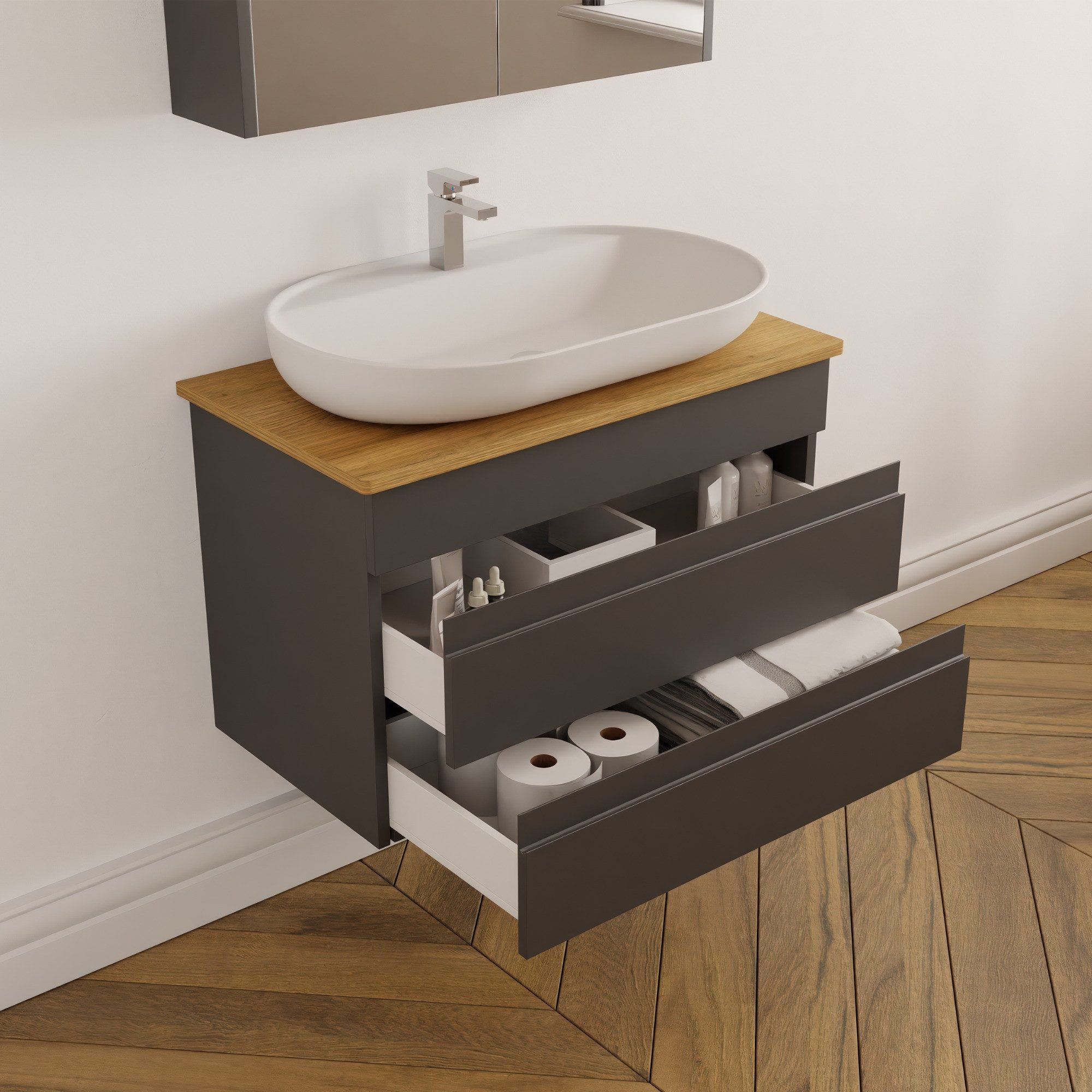Karen Badmöbel-Set Badmöbel Set Lara Konsole, (Komplett-Set, Standartmäßig 4-Teilig (Unterschrank, Konsole, Waschbecken, Spiegelschrank), 4-St., Unterschrank mit Schubladen, Spiegelschrank mit Türen & Regalen), Minimalistisches Design, Matt-Beschichtung, Softclose, Griffleisten