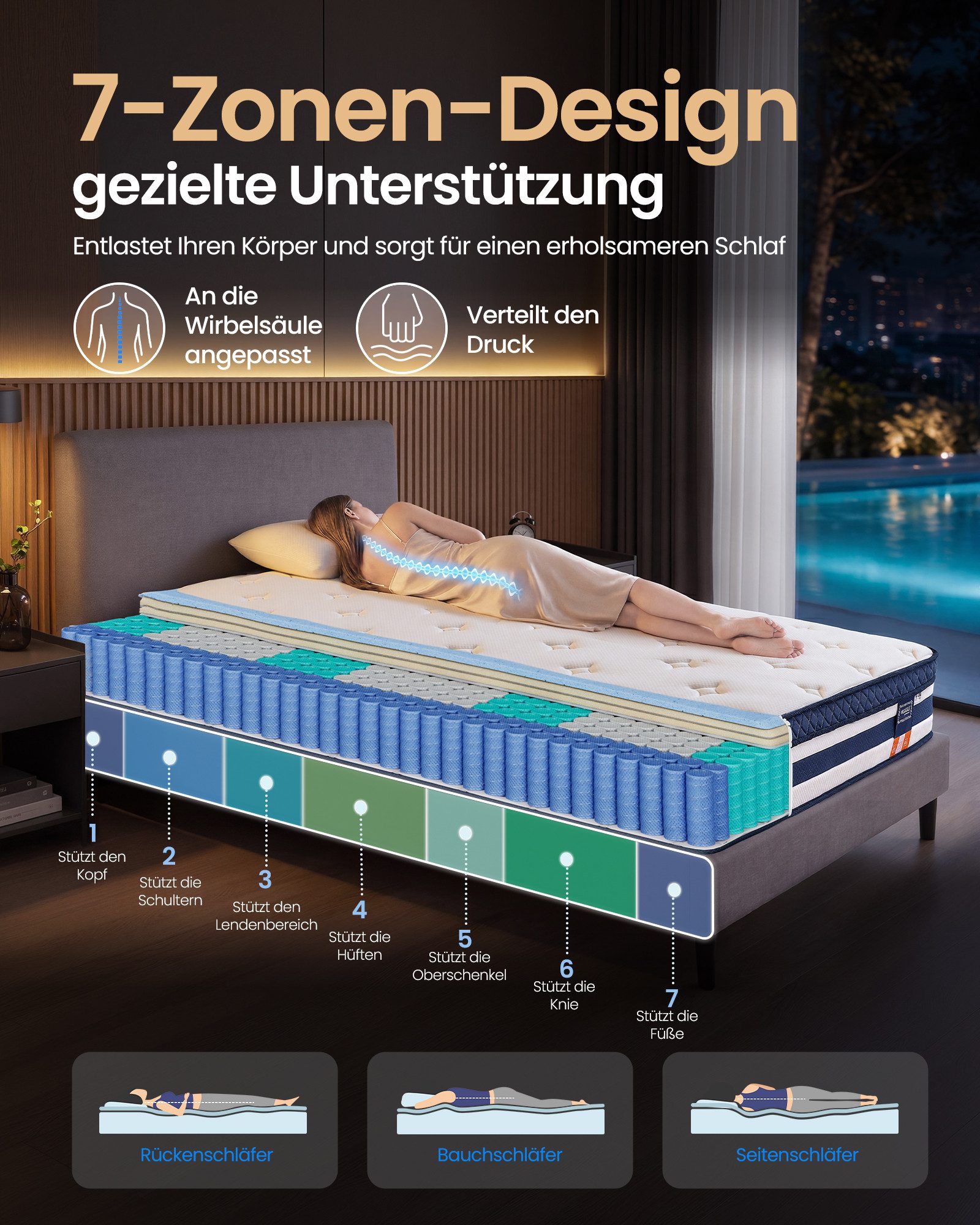 Taschenfederkernmatratze Federkernmatratze, VASAGLE, 25 cm hoch, 7-Zonen-Unterstützung, aus Gel-Memory-Schaumstoff, mittelfest, H3