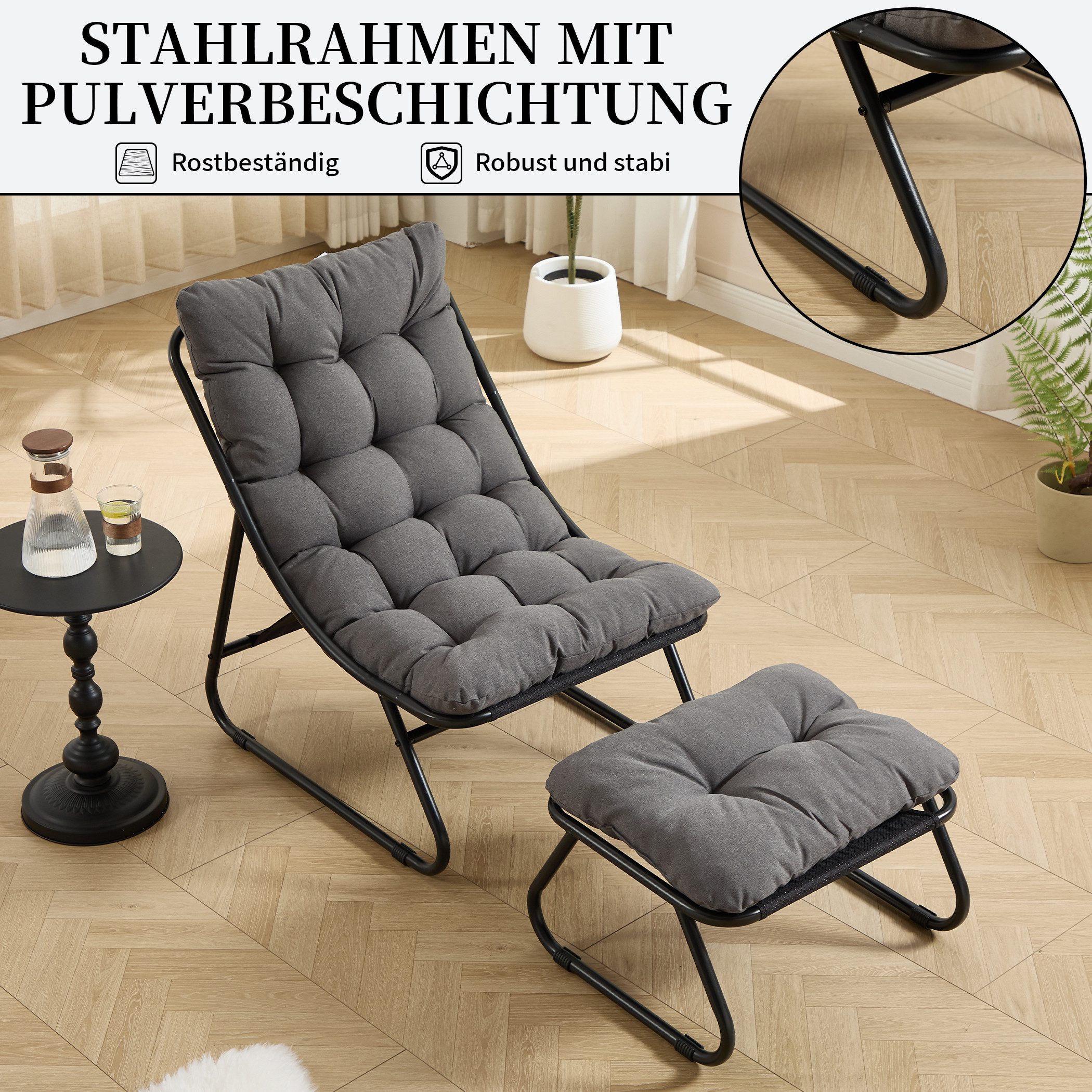 SeedWave Loungesessel mit Ottoman Liegestuhl Stahlgestell Gartenstuhl mit Trennbaren Pölster (bestehend aus Sessel und Hocker), Outdoor Terrassenstuhl für Garte – Bild 3 von 5
