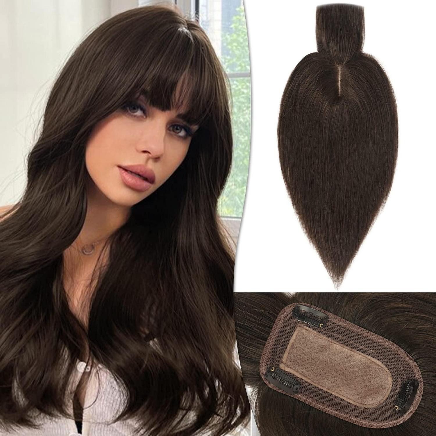 LuxusKollektion Echthaar-Extension Topper Echthaar Clipin SilkBase Pony 30 cm (12 Zoll) dunkelbraun