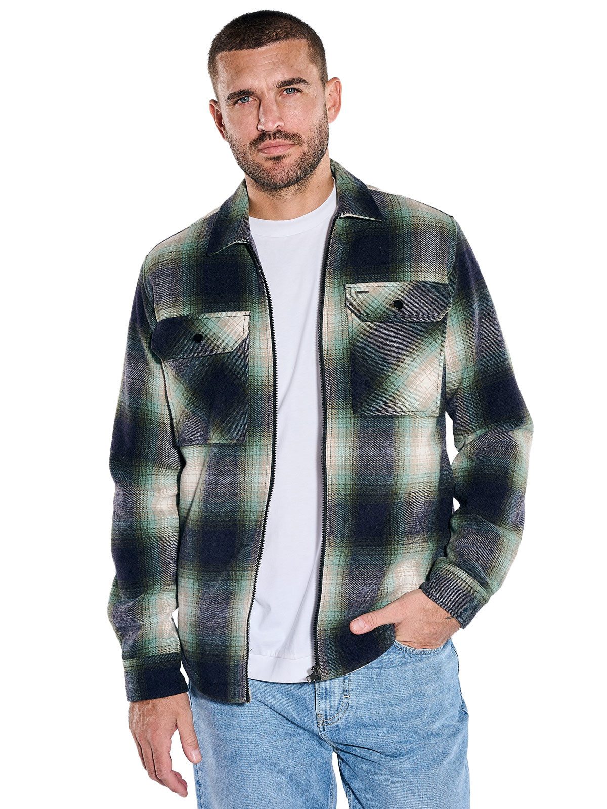 emilio adani Langarmhemd Herren Overshirt mit Reißverschluss, Gruen