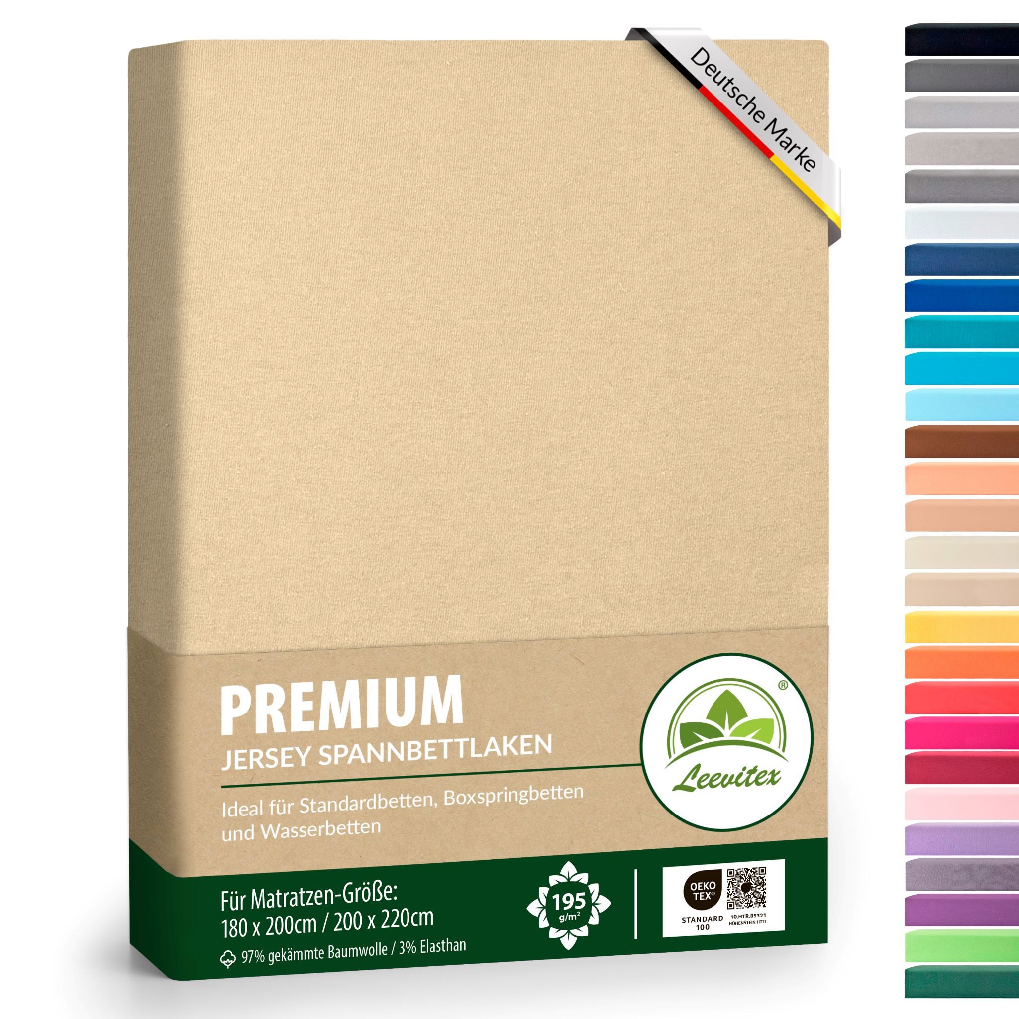 leevitex® Spannbettlaken in Übergrößen, Stoffgewicht 195 g/m², 40 cm Steghöhe, Jersey-Elasthan, Gummizug: rundum, (1 Stück), verschiedene Farben, OEKO-TEX® STANDARD 100 zertifiziert