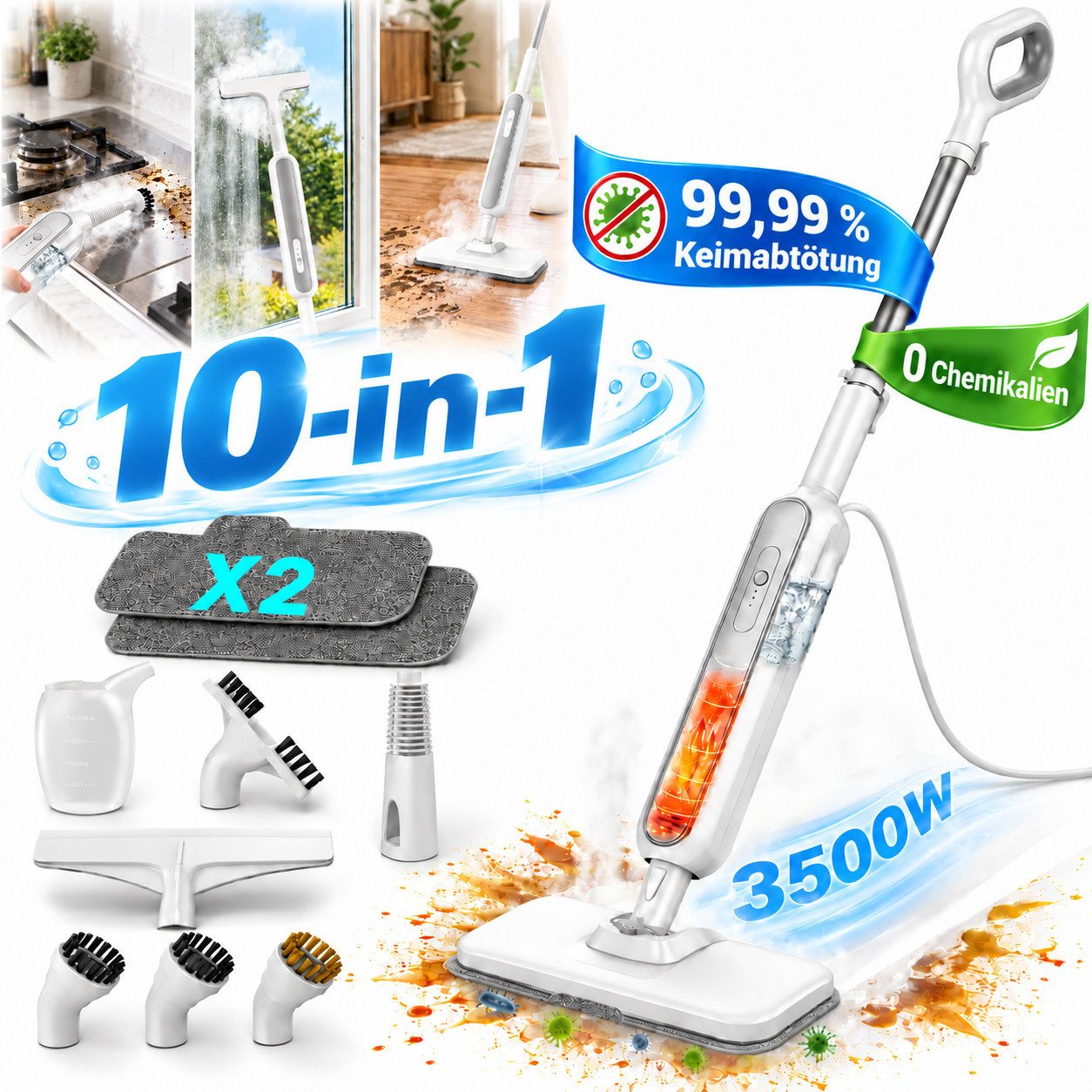 Forrlite Dampfreiniger Dampfreiniger,Dampfbesen mit 6 Power Steam-Düsen,Handdampfreiniger, 3500 W, abnehmbarem 3500W Steam Mop,10-in-1 Multifunktionszubehör,99,99% Keimabtötung,Dampfbodenreiniger,Dampfwischer für Böden und Teppiche, Steam Cleaner für Auto, Küche, Badezimmer, Fliesen, Fenstern