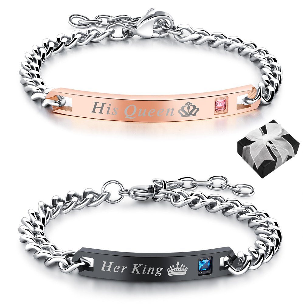 Gravur Roségold Pärchen Queen Edelstahl Armbänder,mit + Herren King Schwarz zggzerg Her His Damen Schmuckset