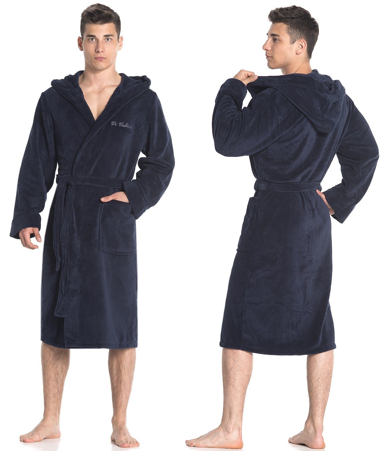 Di Vadini Bademantel Di Vadini UNISEX Herren Damen Bademantel FLORENZ mit Kapuze, wadenlang, Polyester, Weitenverstellung, Bindegürtel, mit Kapuze