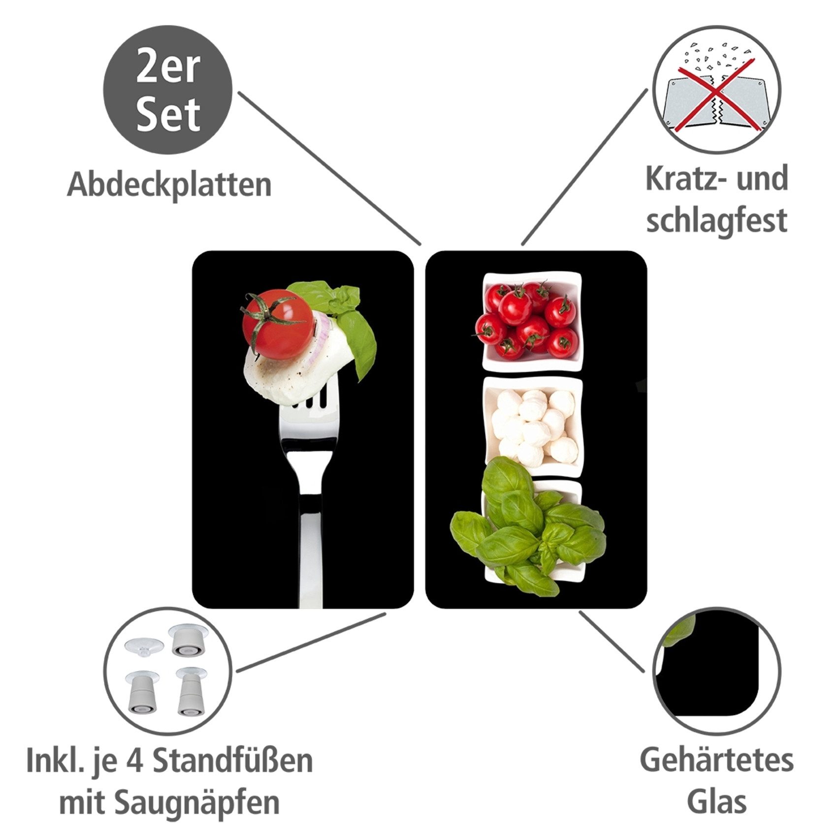WENKO Herd-Abdeckplatte Universal Modell Caprese, Glas, (Set, 2 tlg), Herdabdeckung für alle Herdarten, kratzfest, mit rutschfesten Füßen