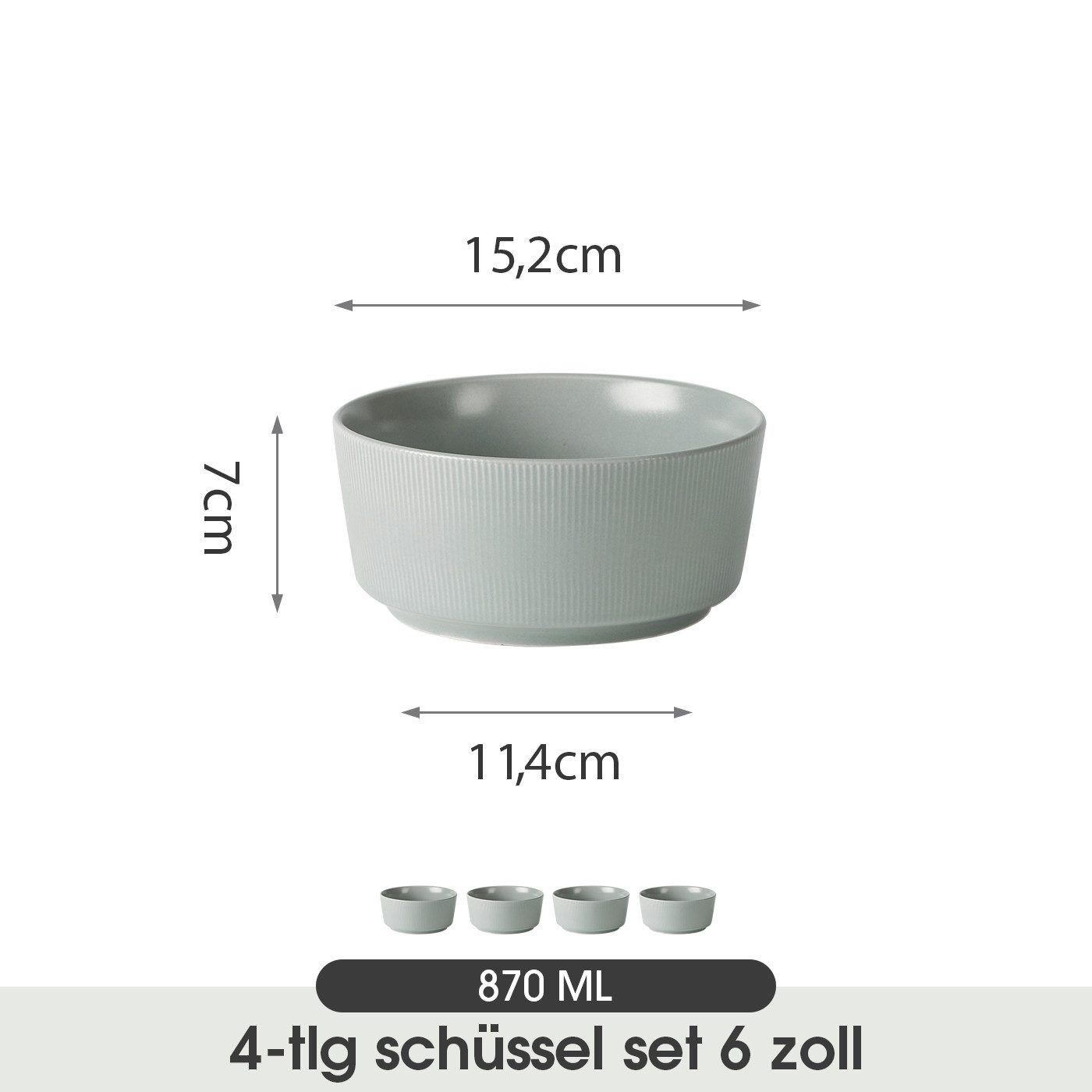 JIWOO Schüssel 4er Ø15,2cm, Müslischüssel Suppenschüssel Salatschüssel Dessertschale, Keramik, (Schüsselset, 4-tlg), Hochwertiges Schüsseln Grau Mikrowellen spülmaschinenfest Ø15,2cm