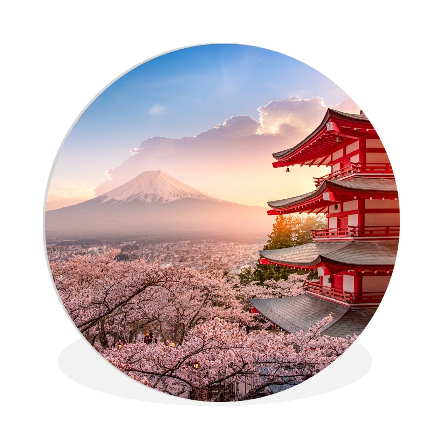 MuchoWow Gemälde Pagode - Sakura - Fuji - Blütenzweige - Japan, (1 St), Kreis Wanddekoration Forex, Rundes Wandbild, Wohnzimmer, 30x30 cm