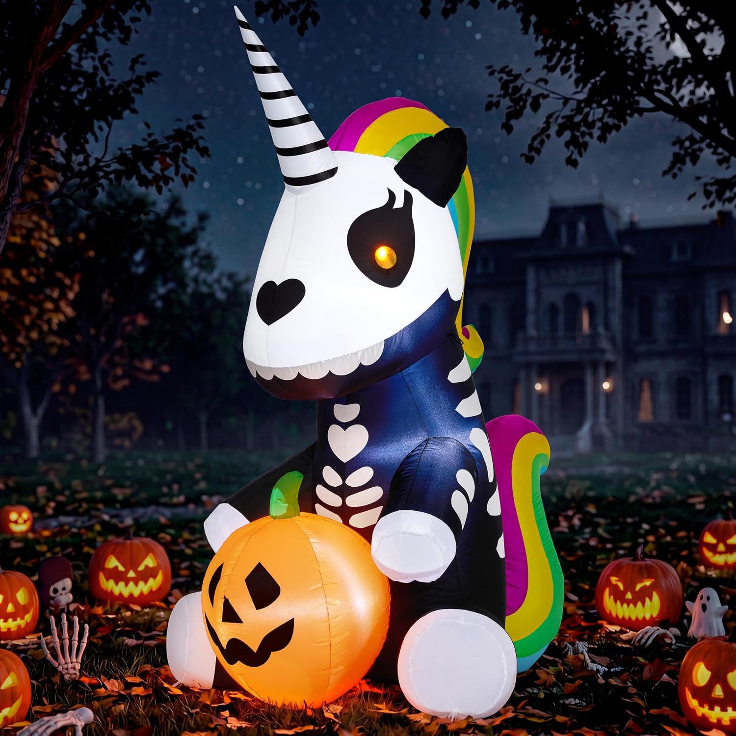 Joiedomi Aufblasbares Partyzubehör Joiedomi 1,5 m Halloween Aufblasbares Skelett-Einhorn mit LEDs, Sitzen