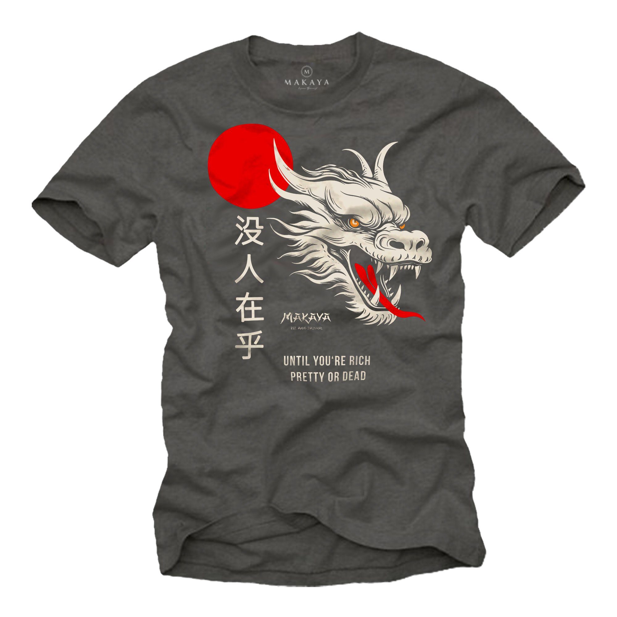 Schriftzeichen Print-Shirt Cares Spruch MAKAYA Dragon Geschenke mit Nobody Drachen Coole Grau Chinesischen