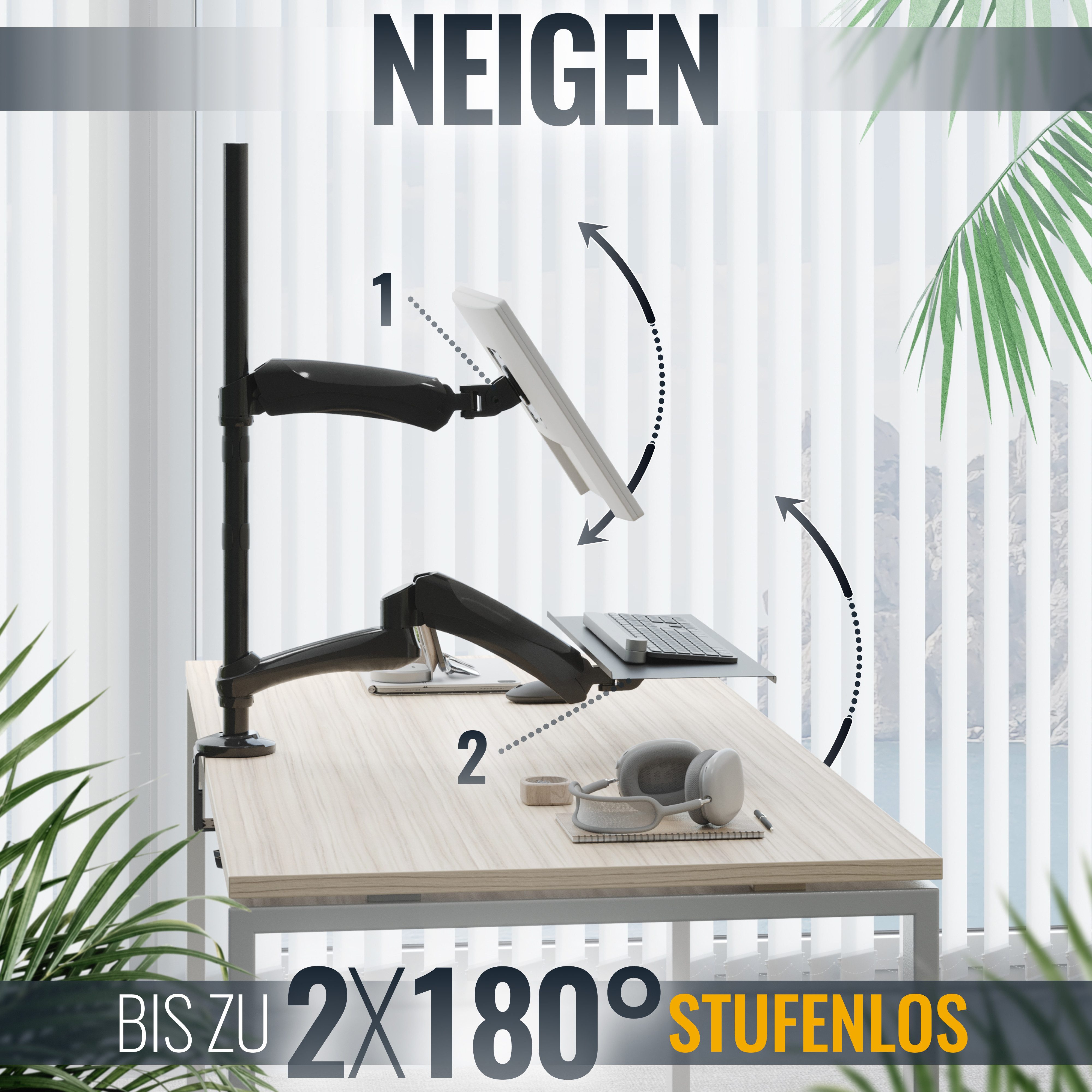 RICOO Monitor-Halterung Desktop Monitor Tischhalterung mit Tastaturablage TS1211, (bis 27 Zoll, VESA 75x75 und 100x100, 1-tlg., 9 kg Monitor, 2 kg Tastatur belastbar, 33-68 cm (13"-27) Diagonale, Neigbar +90°/-90°, drehbar bis 360°, schwenkbar bis 180)