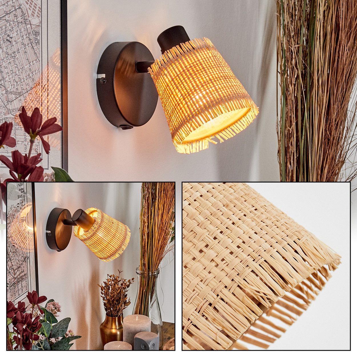hofstein Wandleuchte Wandlampe aus Metall/Bast in Schwarz/Natur mit Schalter am Gehäuse, ohne Leuchtmittel, verstellbare Wandleuchte im modernen Boho-Design, E14