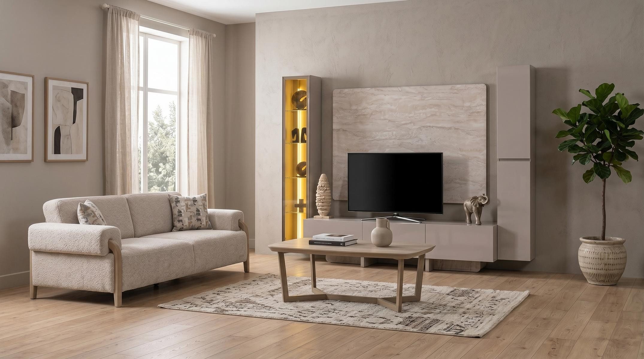 JVmoebel Polstergarnitur Modernes TV Wohnwand Set Couchtisch 3 Sitzer Sofa Beige statusbezogen, Made in Europa