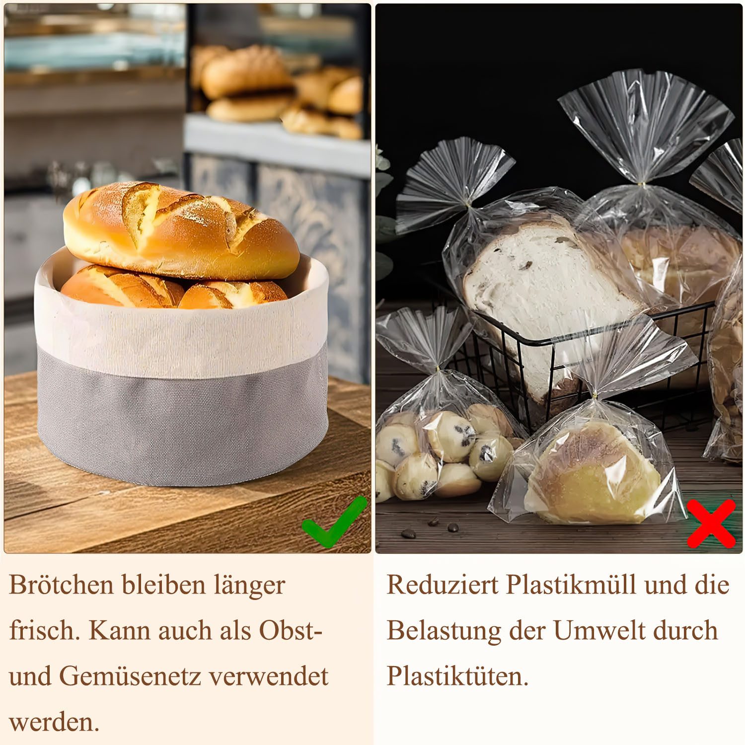 SURFOU Brotkorb Stoff Brotbeutel 25 x 22.5 cm Einfach zu Tragen Brötchenkorb, (Wiederverwendbare Brottasche Brotsack zum Frischhalten), für Backwaren, Getreide, Brot, Nüsse, Obst, Gemüse, Körner