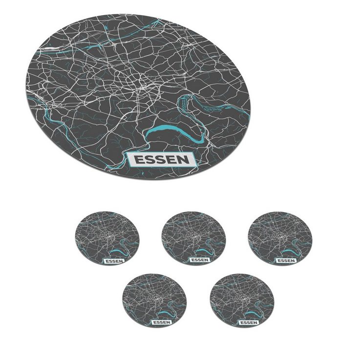 MuchoWow Glasuntersetzer Karte - Essen - Blau - Stadtplan - Deutschland Zubehör für Gläser 6-tlg. Getränkeuntersetzer Tassenuntersetzer Korkuntersetzer Tasse Becher
