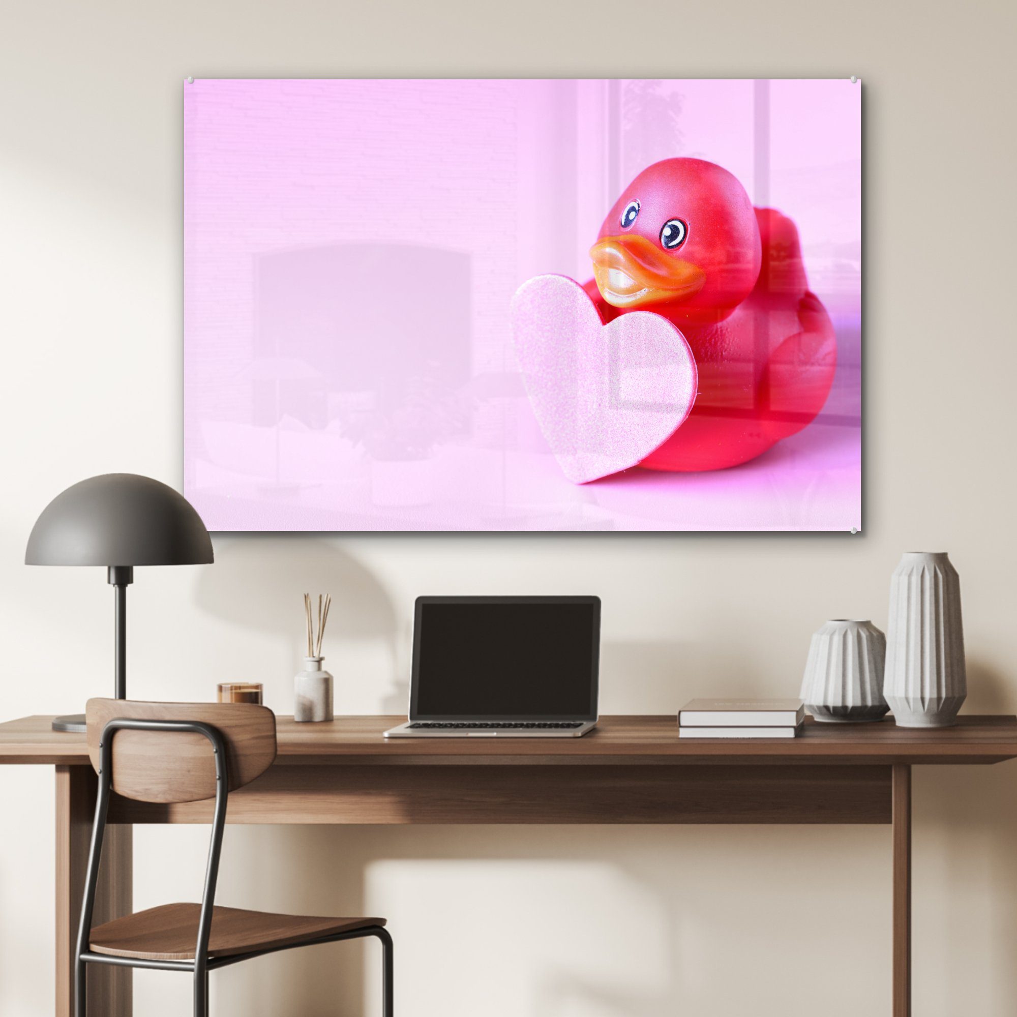 MuchoWow Acrylglasbild Gummi-Ente & Acrylglasbilder Schlafzimmer Rosa, - (1 - St), Herz Wohnzimmer