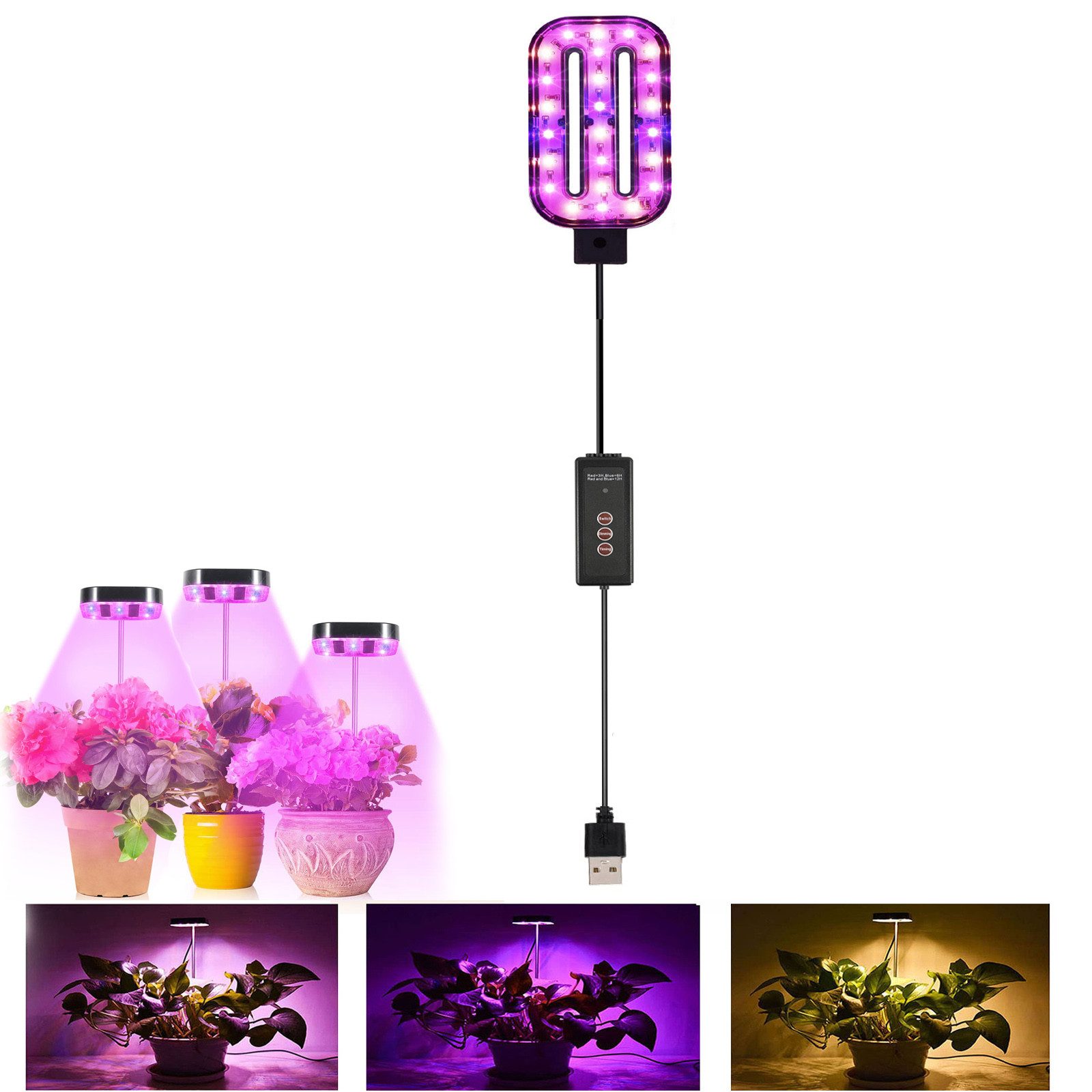 MUPOO Vollspektrum LED Wachstumslampe LED Pflanzenlicht USB, Timer,LED Vollspektrum Pflanzenlicht, Dimmung,3 Farben-Licht