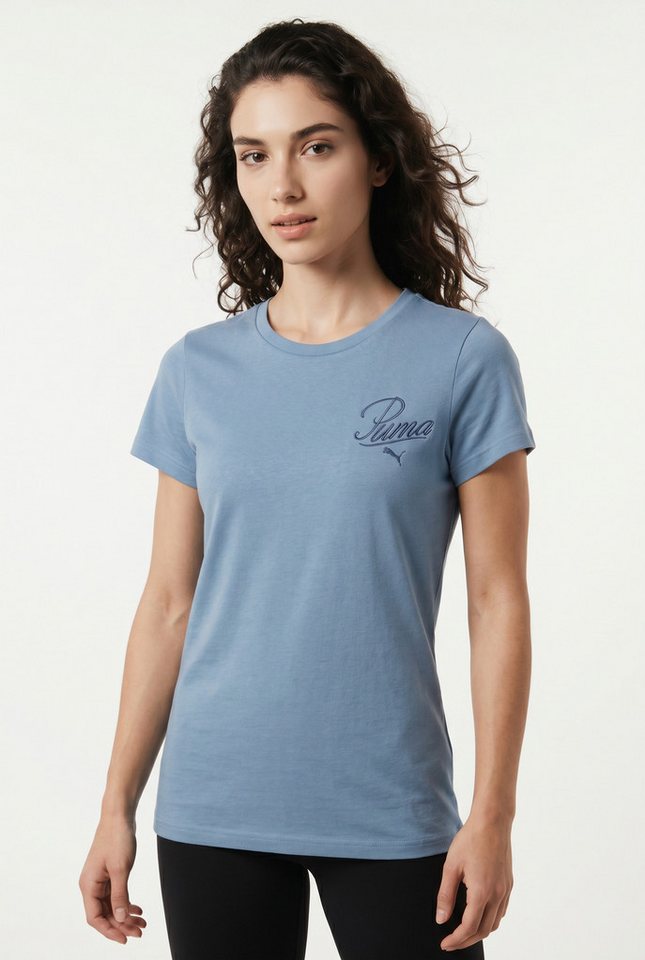 PUMA T-Shirt ESS SCRIPT TEE Regular Fit, sportlicher Stil, mit Grafikstickerei und Print