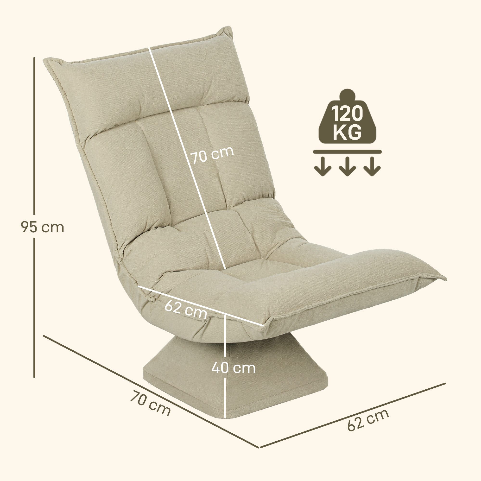HOMCOM Bodenkissen Bodenstuhl Drehbar Bodensessel mit 5-Fach Verstellbarer Rückenlehne, für Wohnzimmer Gaming & Lesen Beige