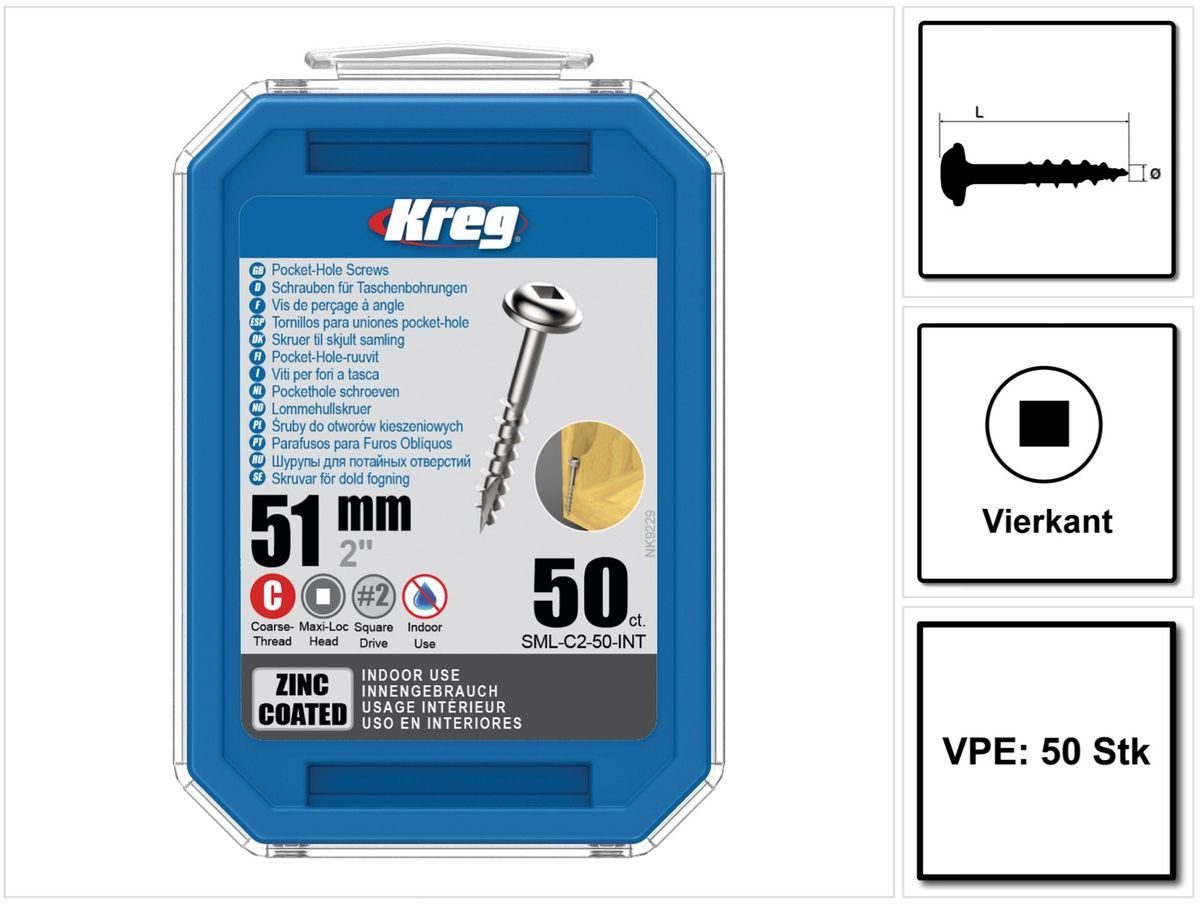 Kreg Schraube Pocket-Hole Linsenkopfschraube 51 mm 50 Stk (SML-C2-50) Vierkantant