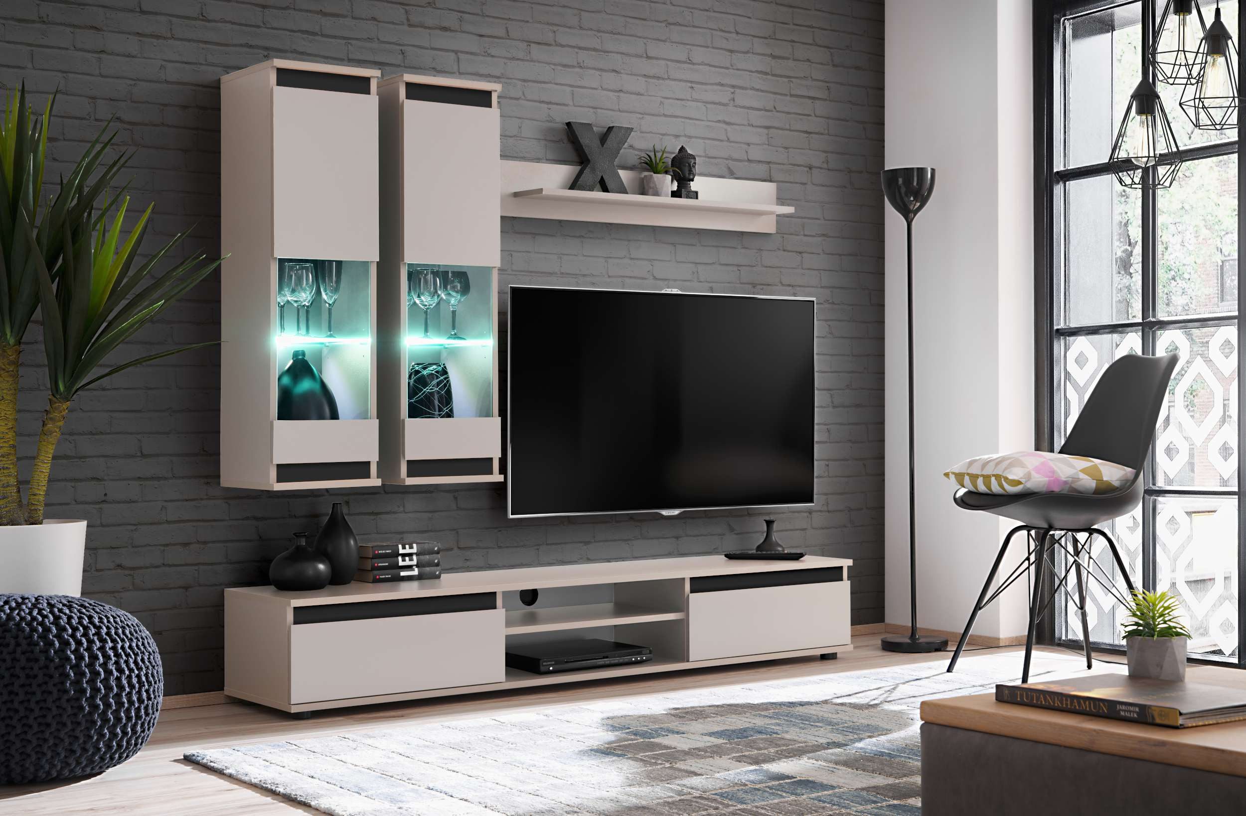 99rooms Wohnwand Modena, (Wohnzimmer-Set, Wohnmöbel), TV-Lowboard, 2 x Vitrine, Wandregal, mit LED-Beleuchtung