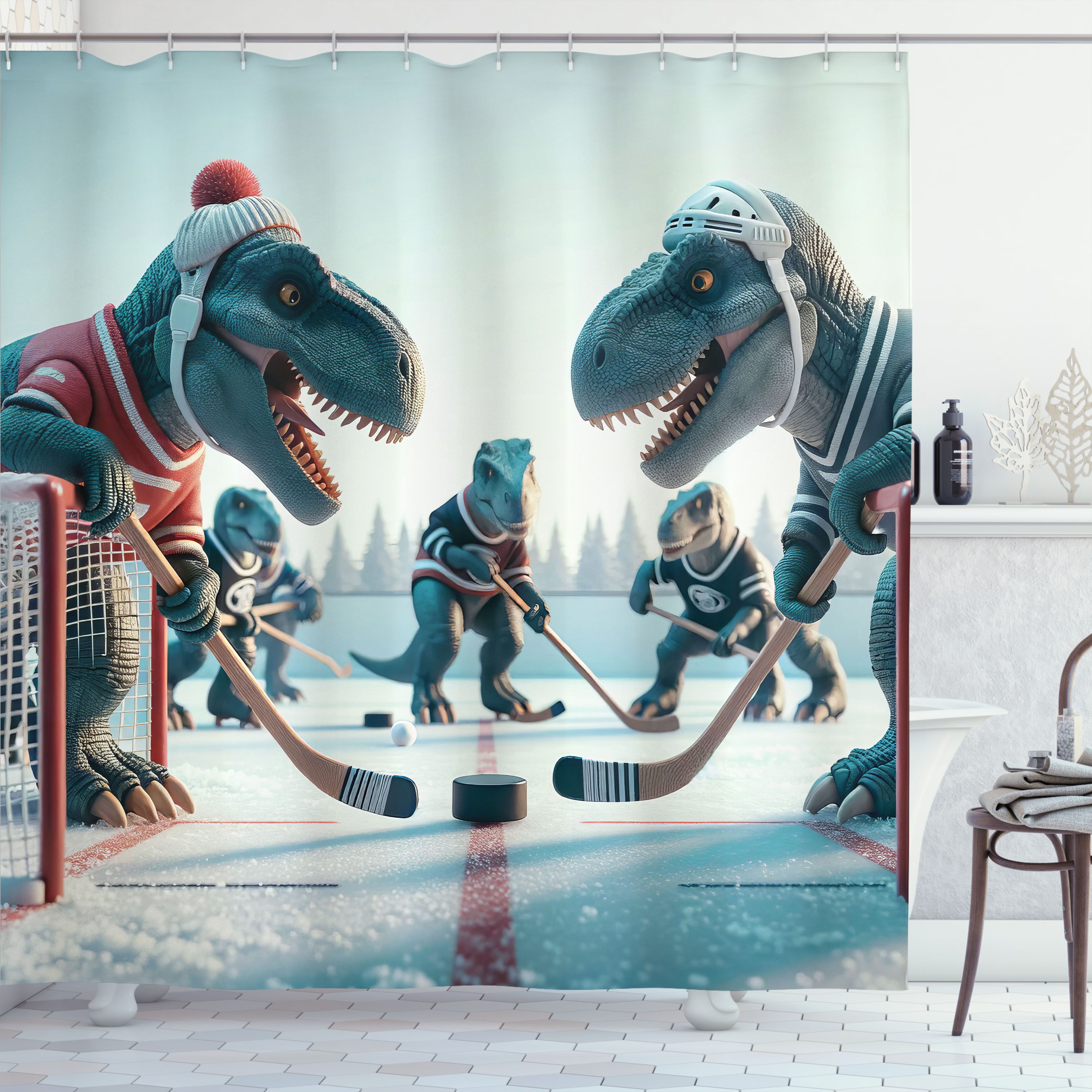 Abakuhaus Duschvorhang Moderner Digitaldruck mit 12 Haken auf Stoff Wasser Resistent Breite 175 cm, Höhe 180 cm, Dinosaurier T-Rex spielt Eishockey