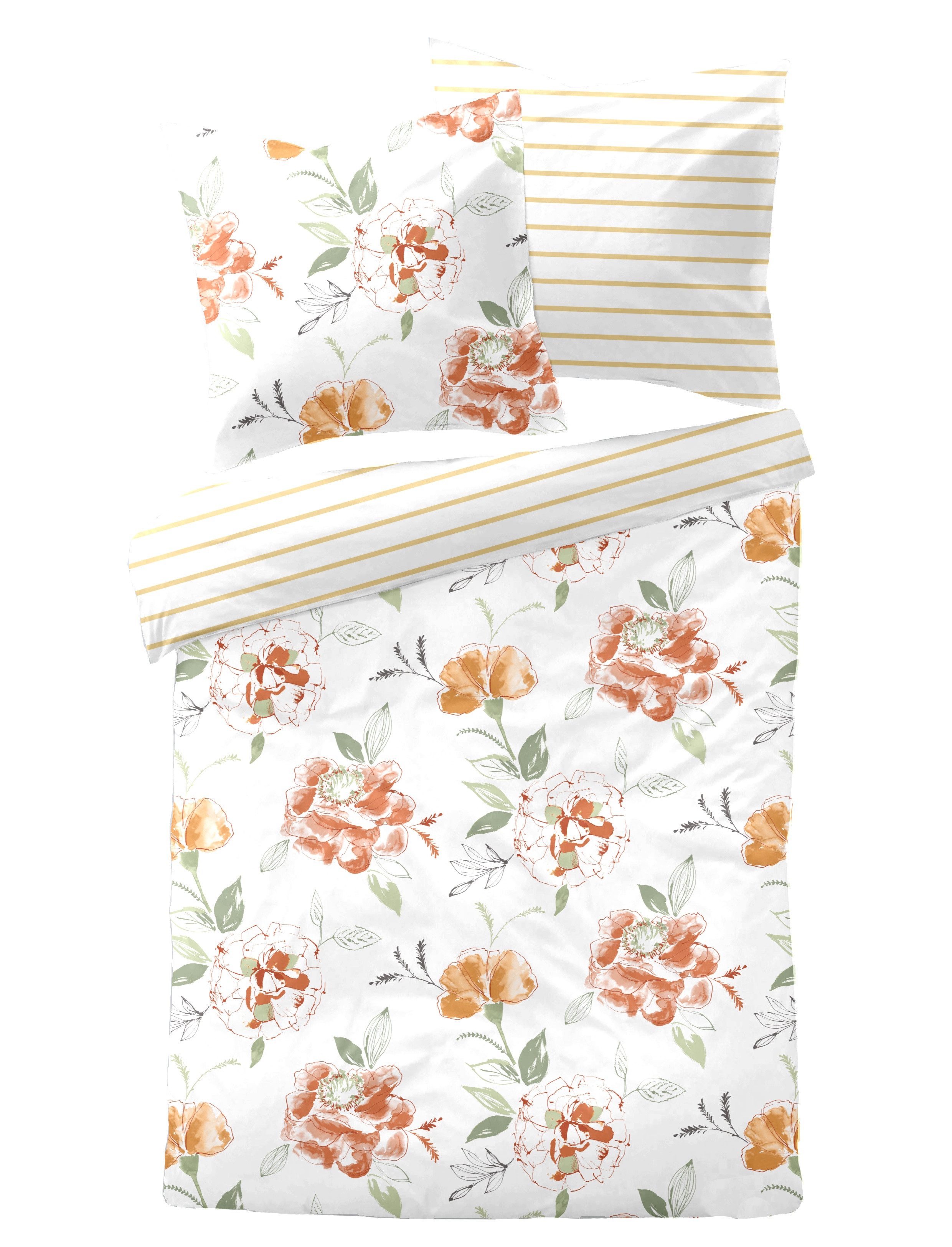 Bettwäsche Dormisette Mako Satin Bettwäsche 155x220 Blumen Streifen Wende orange, Dormisette, Mako-Satin, 2 teilig