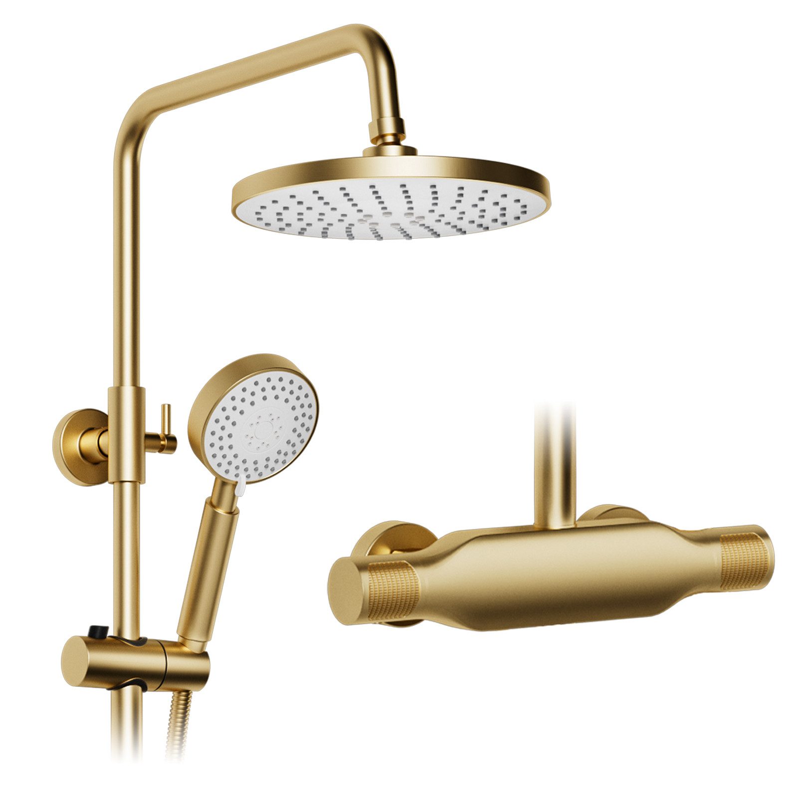 Oihpaw Duschsystem 3 in 1 Duschsäulenset 225 mm Runde Dusche Gebürstetem Gold, Höhenverstellbares Regendusche-Set in Wandmontage