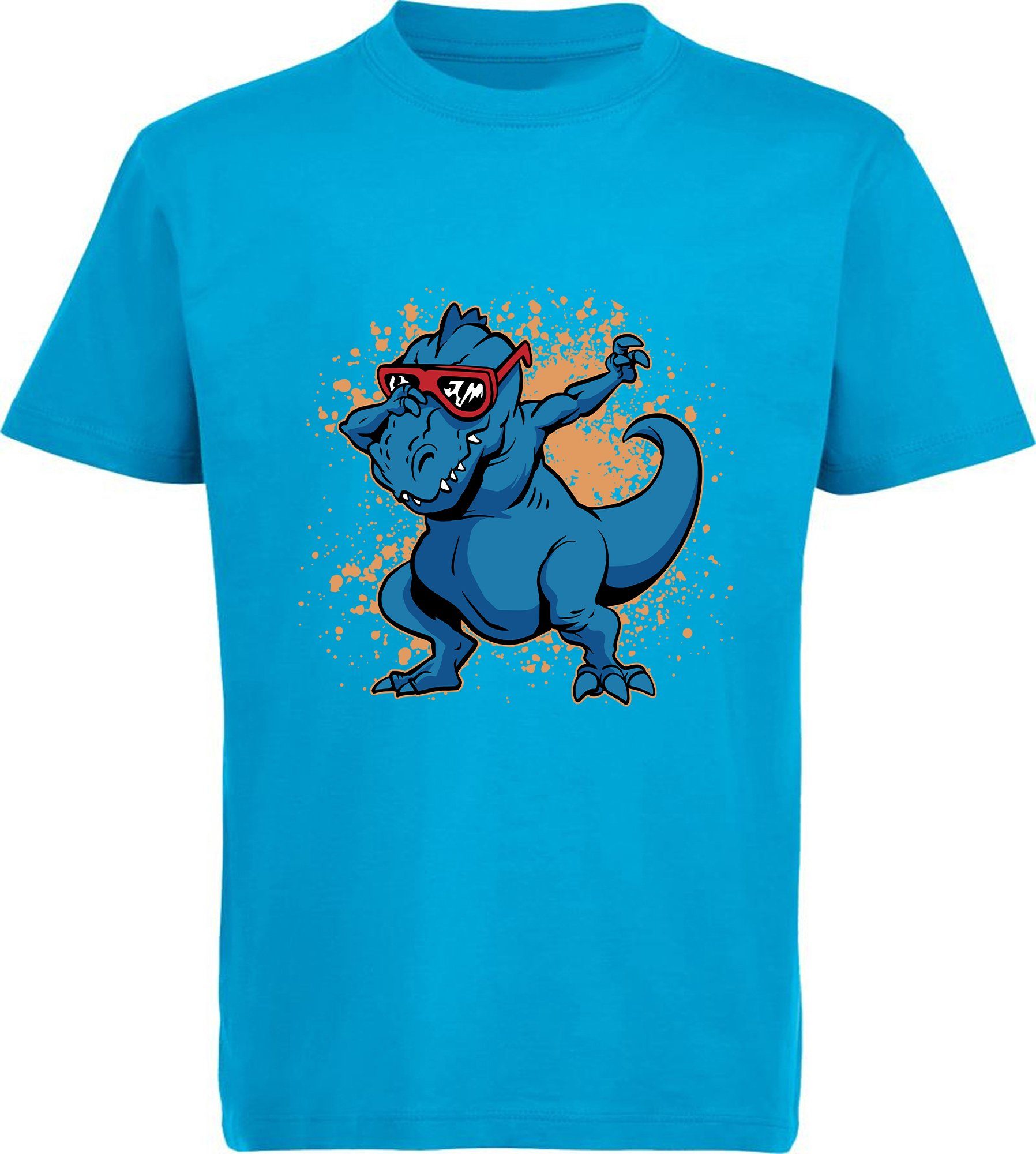 MyDesign24 T-Shirt bedrucktes Kinder T-Shirt T-Rex mit Brille am tanzen 100% Baumwolle mit Dino Aufdruck, aqua blau i49