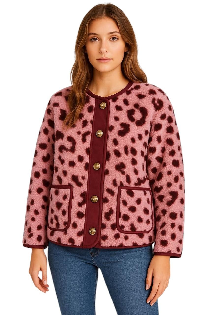 Worldclassca Fellimitatjacke Worldclassca Teddy Jacke Warm Kuschelig Leopard Optik Kurz Plüchjacke Animal Muster