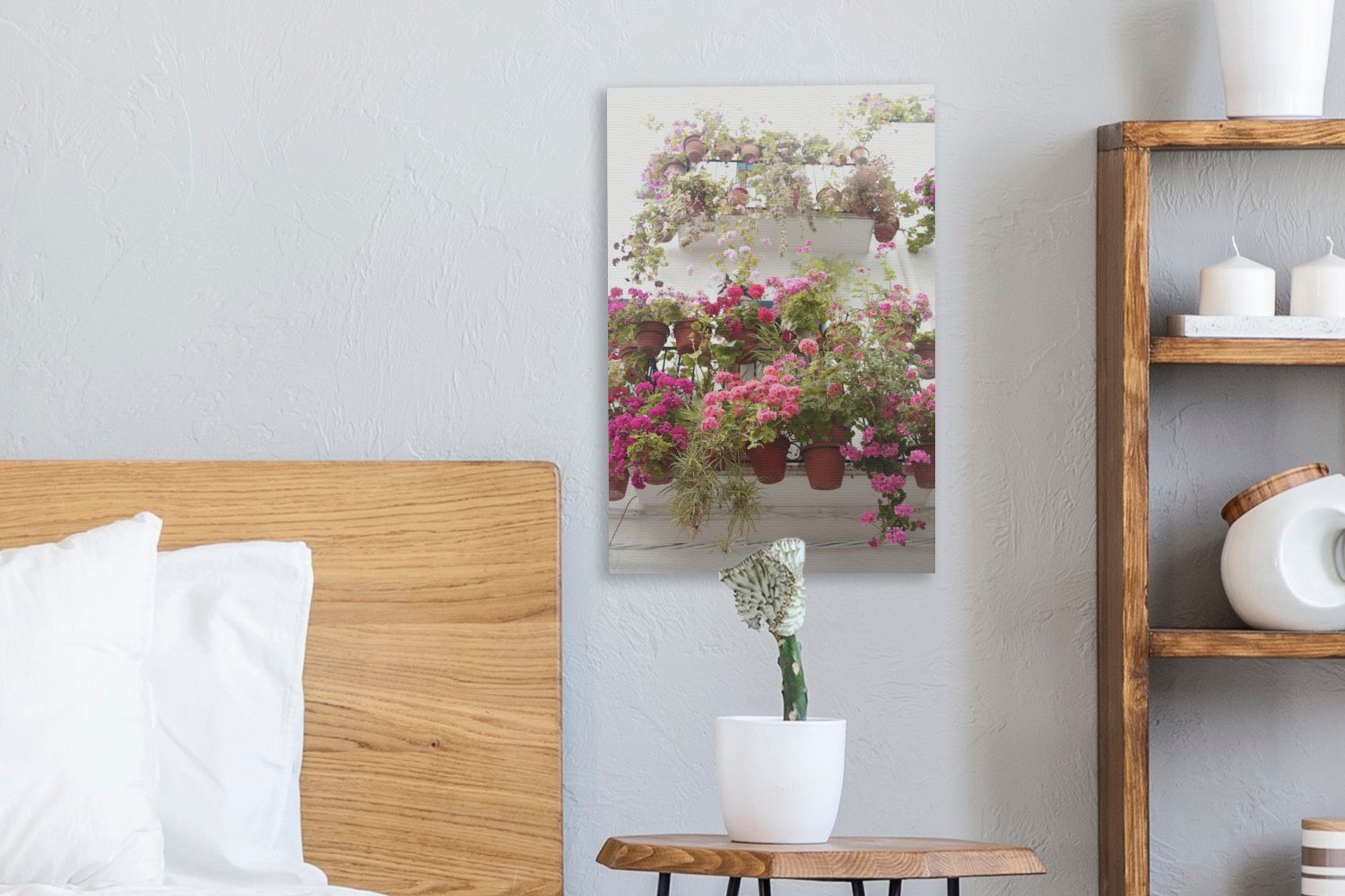 OneMillionCanvasses® Leinwandbild Geranienblüten auf Zackenaufhänger, Balkon, inkl. (1 20x30 Leinwandbild einem cm fertig bespannt St), Gemälde