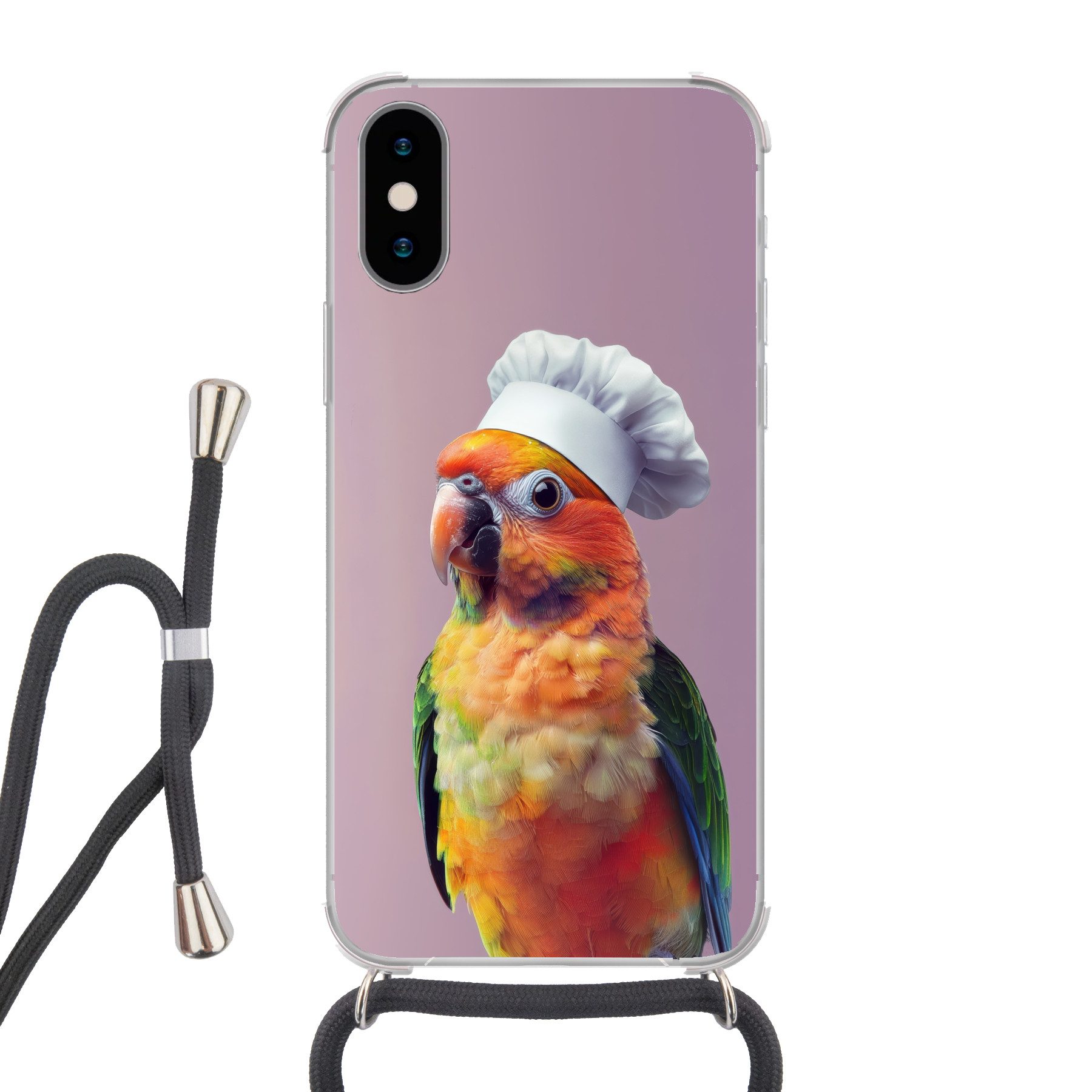 MuchoWow Handyhülle für Apple iPhone X Papagei - Kochmütze - Neugierig - Vogel, Tragbare Handyhüllen mit Kette zum umhängen, Handykette Handyband