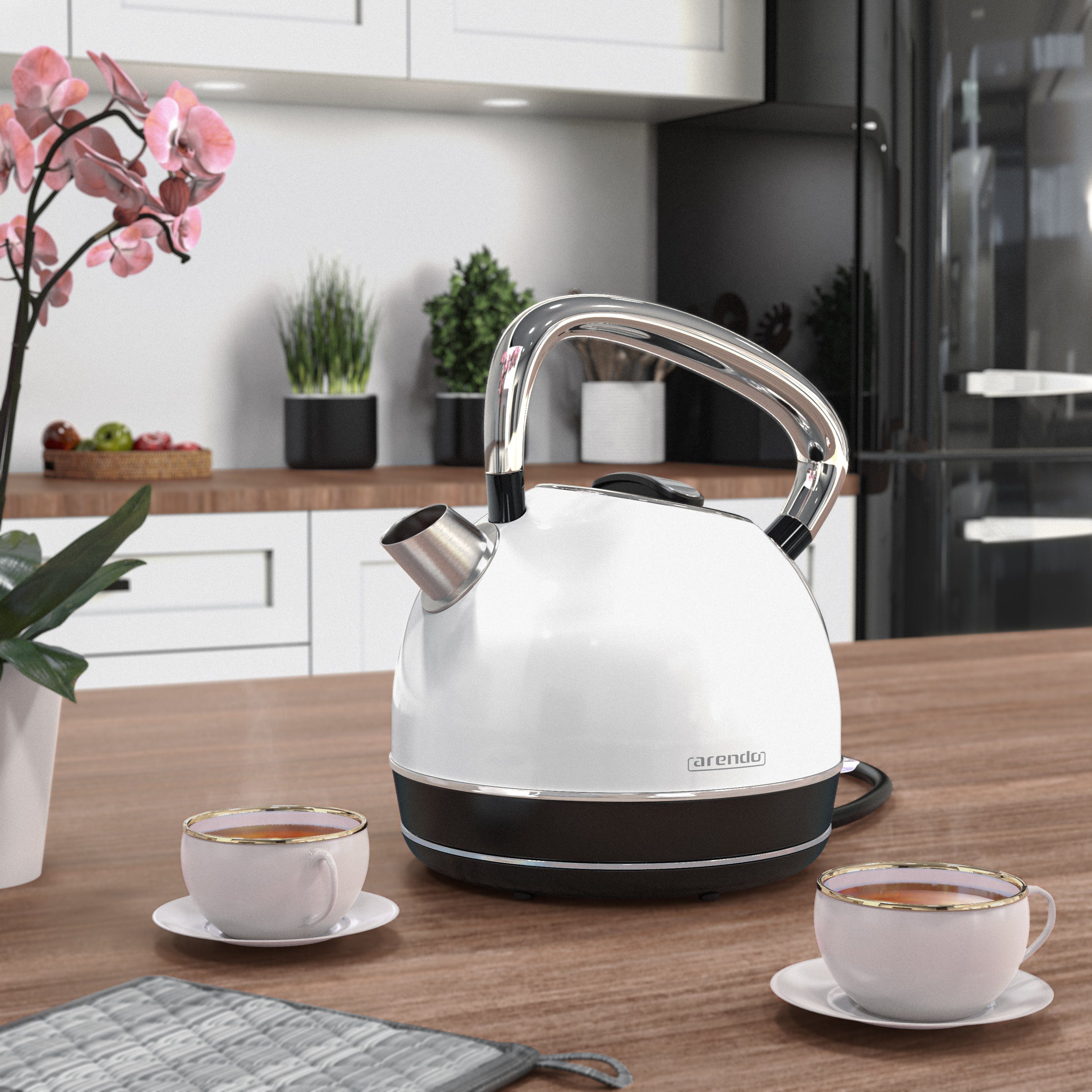Arendo Wasserkocher Vintage Edelstahl Teekessel im Retro Style, GS Geprüft, weiß, 1,7 l, 2200 W, Überhitzung & Trockenkochschutz, automatische Abschaltung, Kalkfilter