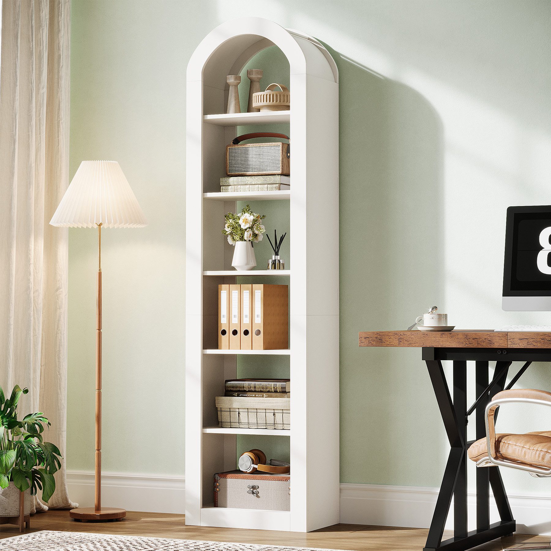 Tribesigns Bücherregal 190 cm Hoch, 6-stöckiges Schmales Regal Mit Bogendesign, Warmweiß