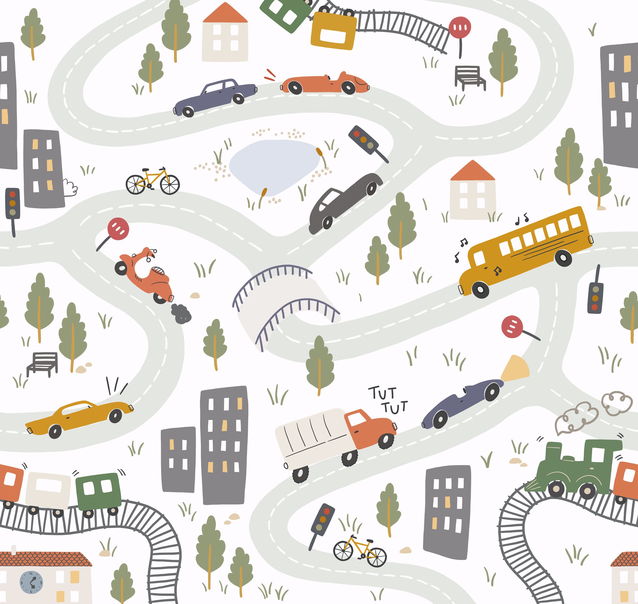 Rasch Fototapete Vliestapete Cars in Gelb, Roomblush - RB384, glatt, Comic, grafisch, gemustert, mehrfarbig, urban, kindlich, (1 St), Kinderzimmertapete