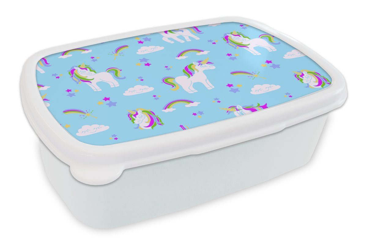 MuchoWow Lunchbox Einhorn - Regenbogen - Muster - Kind, Kunststoff, (2-tlg), Brotbox für Kinder und Erwachsene, Brotdose, für Jungs und Mädchen weiß