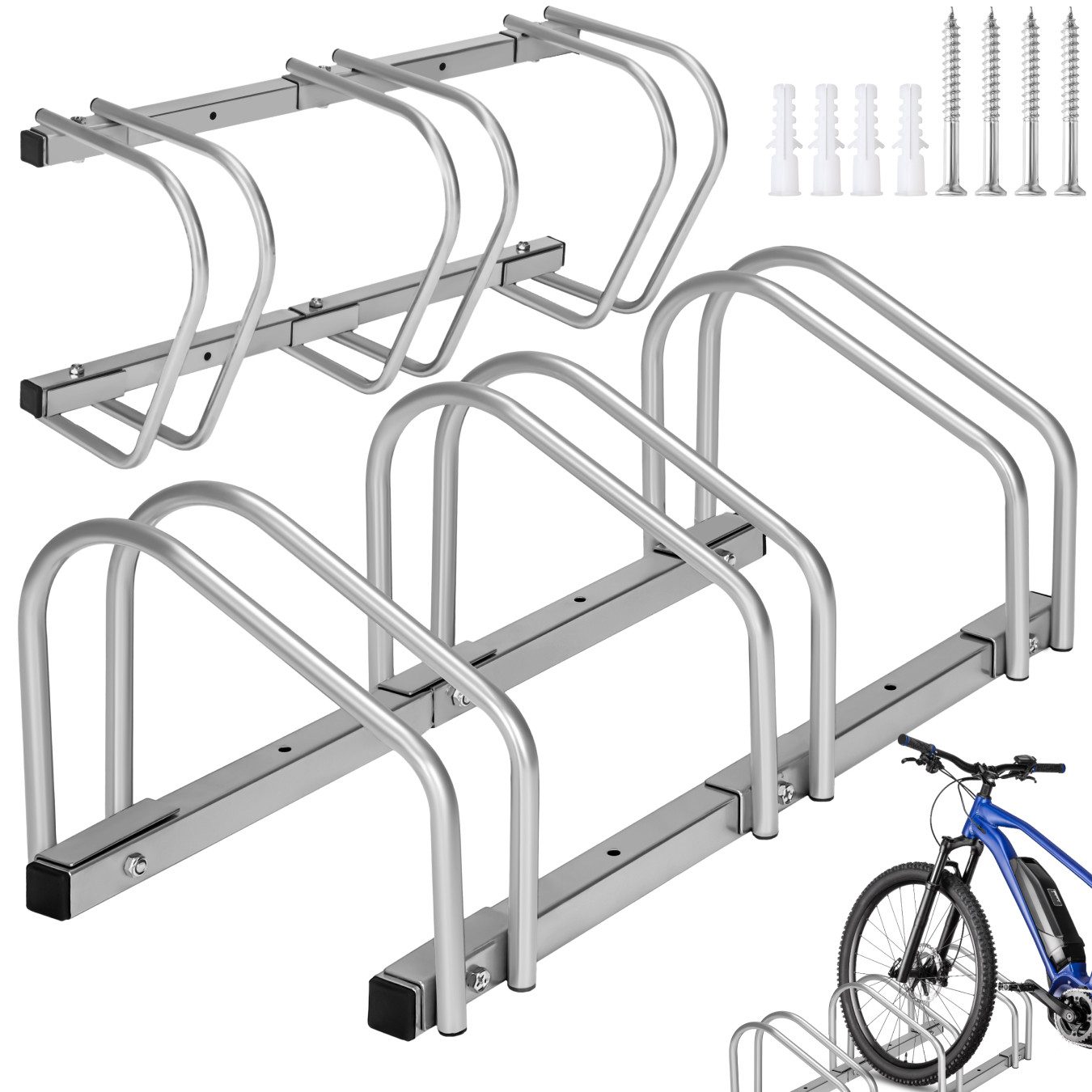 tectake Fahrradständer Fahrradbügel, von beiden Seiten befahrbar, aus rostfreiem Stahl (Fahrradhalterung, in silber), Für Reifenbreiten von 35 - 60 mm, Abstand von Rad zu Rad: 21 cm