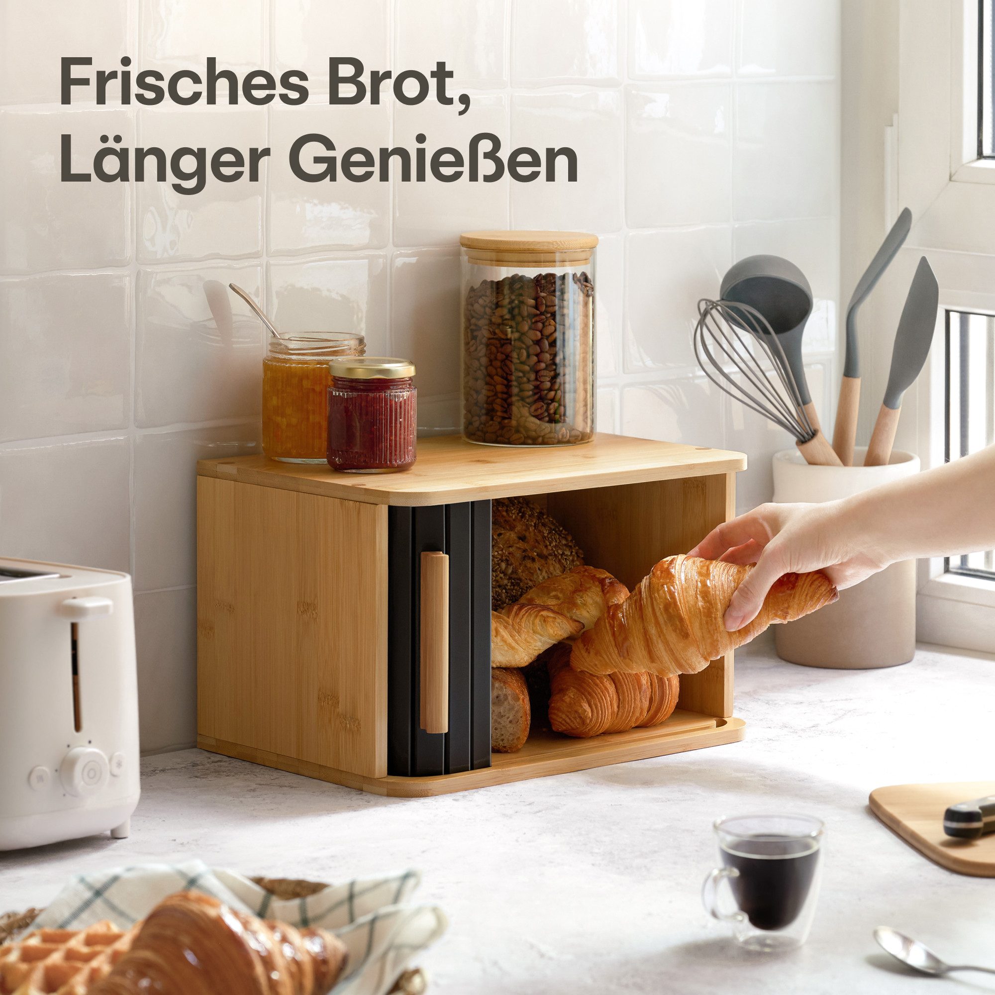 Praknu Brotkasten Brotkasten klein aus FSC® Holz mit Schiebetür - Brotaufbewahrung, Bambus, FSC® Holz - Platzsparend und stilvolle Brotbox für längere Frische