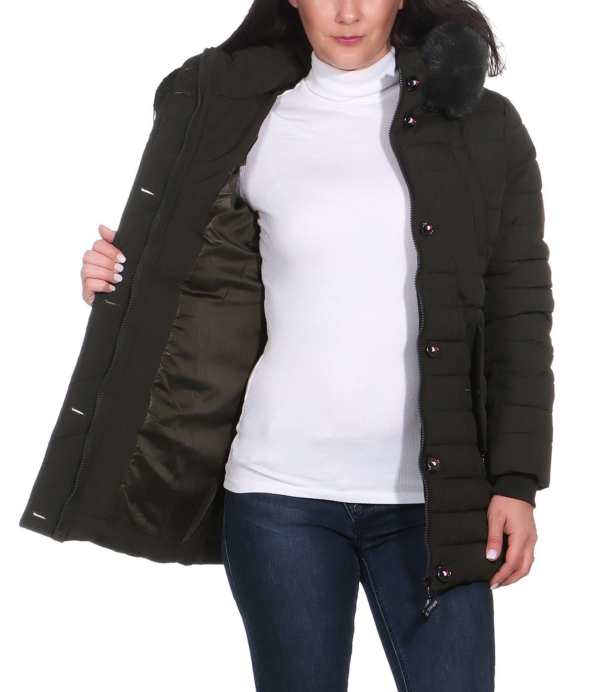 für Damen Damenmode Kunstfellkapuze erhältlich, in Kapuze mit Outdoorjacke abnehmbarer Steppjacke Steppjacke Aurela großen auch Größen Olive